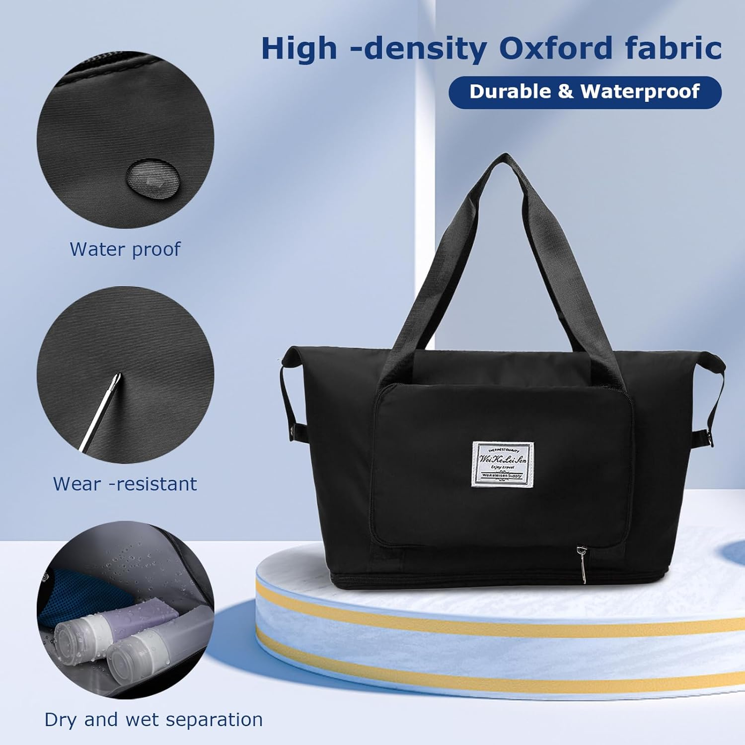 Auolen Large Capacity Folding Travel Bag, Foldable Travel Duffel Bag, Dry and Wet Separation Sports Portable Shoulder Bag, Travel Lightweight Waterproof Carry Luggage Bag (Black) image number 4