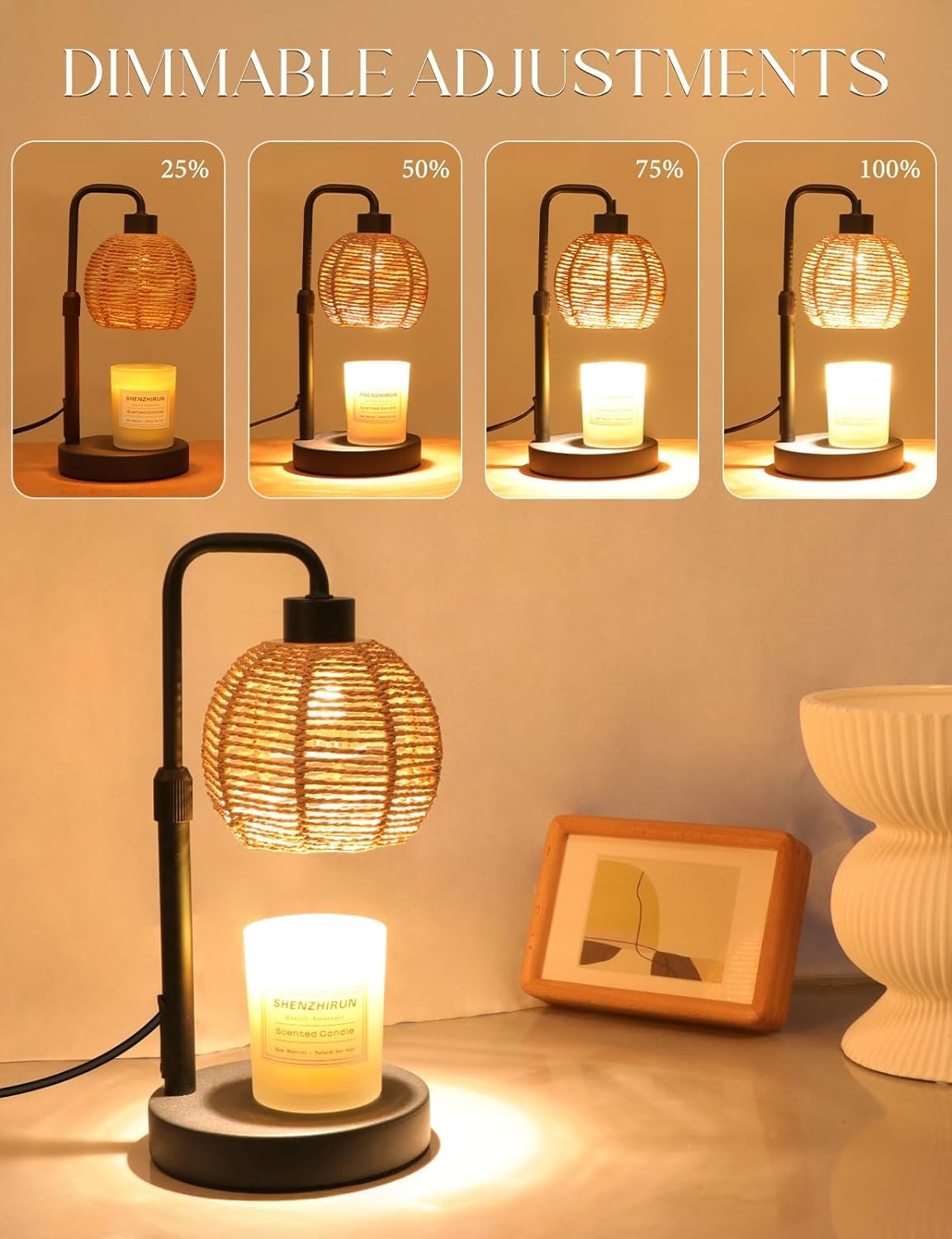 Candle Warmer Lamp with Timer & Dimmer - Adjustable Height Electric Wax Melter for Jar Candles, Natural Weave Shade（With 2 Bulbs） image number 3