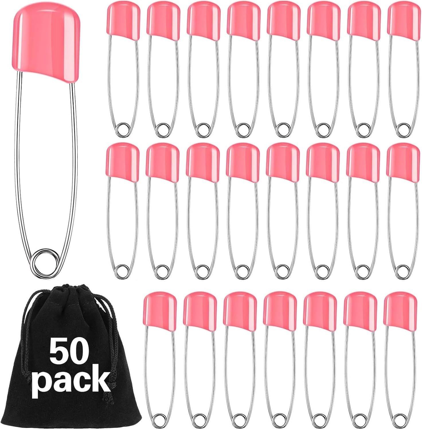 WILLBOND 50 Pieces White Baby Safety Pins, 2.2 Inch Plastic Head Cloth Diaper Pins with Locking Closures, Stainless Steel Nappy Pins with Velvet Bag image number 5