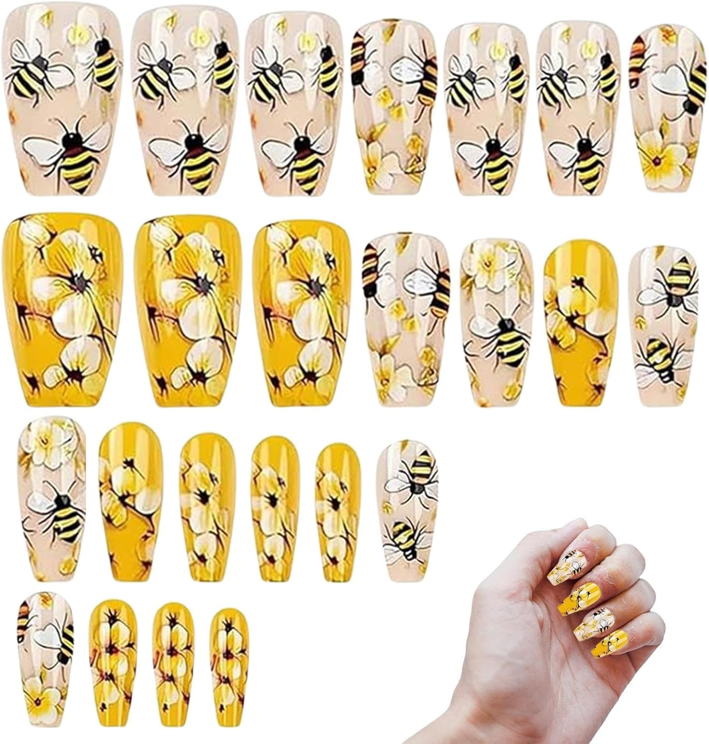 Nail Stickers | Medium Length Artificial Nails - Accessories for Art Manicure, 24 Artificial Nails Bees and Flowers for Women and Girls image number 4