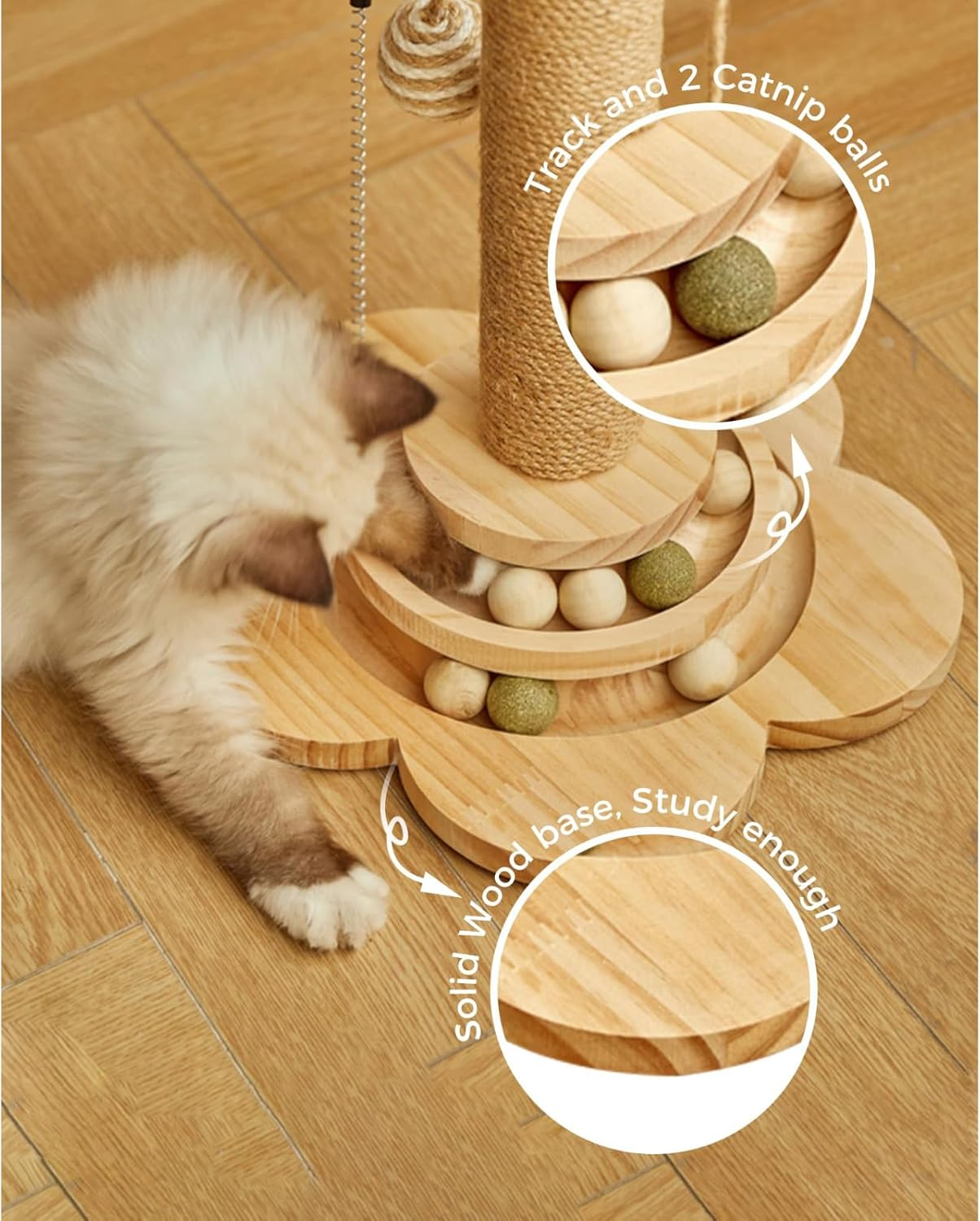 Multi-Functional Cat Scratching Post: 4-In-1 Wooden Cat Scratcher Toy, 45Cm Tall with Track Balls, Feather Toy, and Sisal Hanging Balls for Indoor Kittens and Adult Cats image number 5