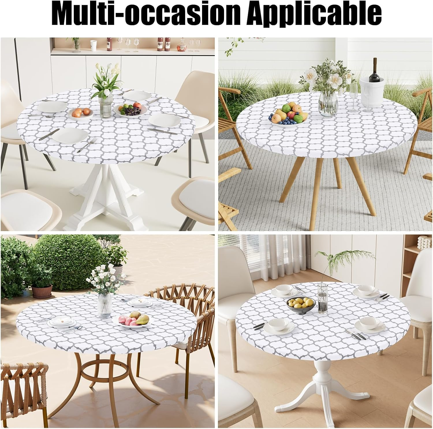 Smiry round Picnic Tablecloth, Waterproof Elastic Fitted Table Covers for 36" - 44" Tables, Wipeable Flannel Backed Vinyl Tablecloths for Camping, Indoor, Outdoor, White image number 4