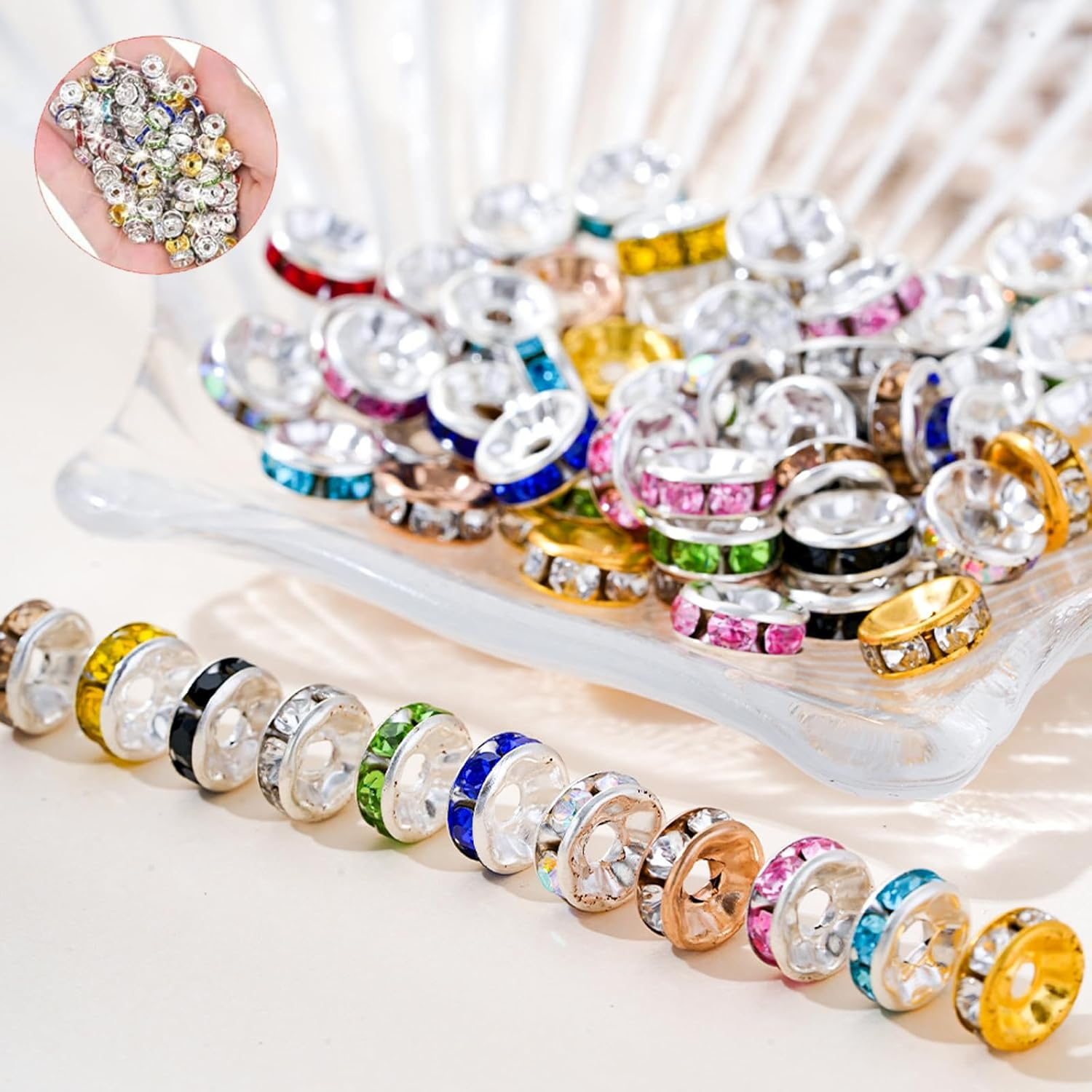 600Pcs Spacer Beads for Jewelry Making, 8Mm Rhinestone Spacer Beads Crystal Bead Spacers for Bracelets, for Bracelet Necklace Jewelry Making DIY （12 Colors）