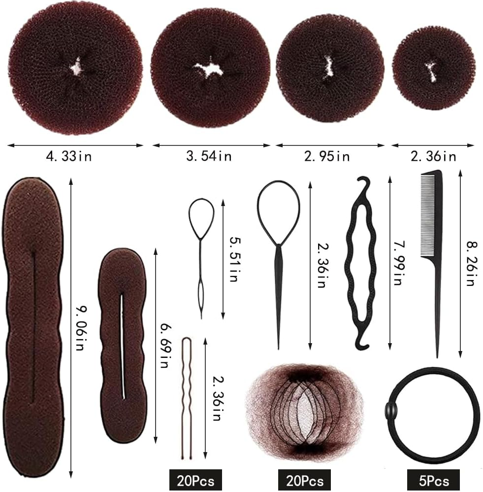 Hair Bun Maker Set, Includes 20 Invisible Hair Nets, 4 Dark Brown Hair Donut Bun Making Kit, 5 Hair Elastics, 20 Hair Clips, 4 Ponytail Hair Tools and 2 Foam Sponge Buns image number 5