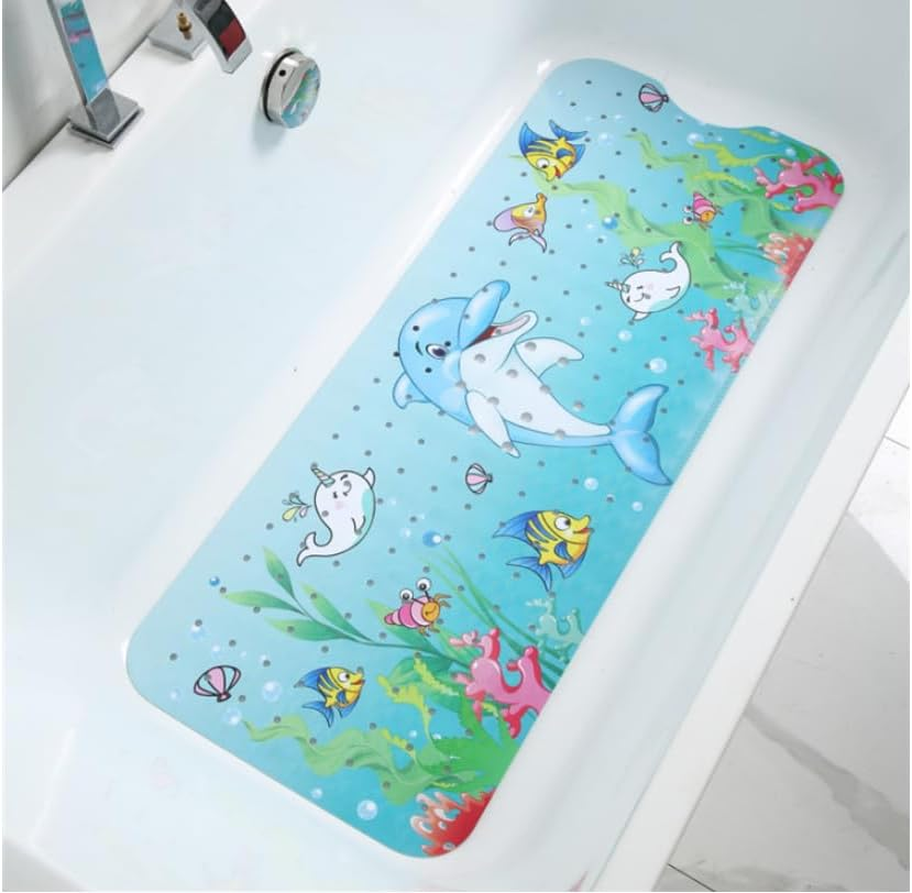 Bath Mat for Tub for Kids Cartoon Non Slip Baby Bathtub Mat Extra Long anti Slip Bathroom Toddler Shower Floor Mat with Suction Cups Drain Holes (Dolphin 40 * 16In) image number 3
