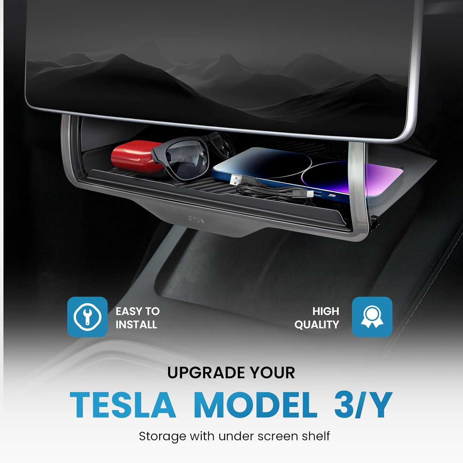 EVOOOR Hideable under Screen Storage for Tesla Model Y Model 3,Center Console Organizer Tray with Black Anti-Slip Silicone Pad - Model Y 3 Accessories 2016-2024(Fit Model 3 Highland) image number 3