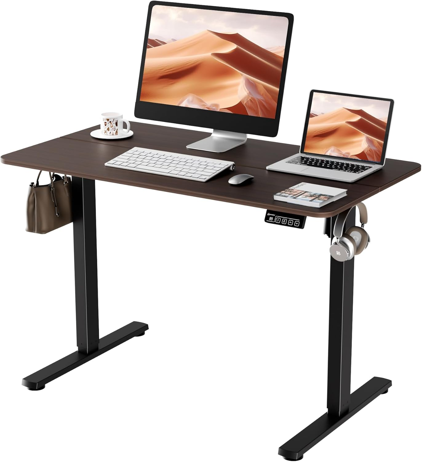 ERGOMAKER Electric Standing Desk 80X60Cm (31"X23.6"), Height Adjustable Sit Stand Desk with Splice Board for Home Office, Computer Desk Memory Preset (White Frame + Golden Oak Desktop)