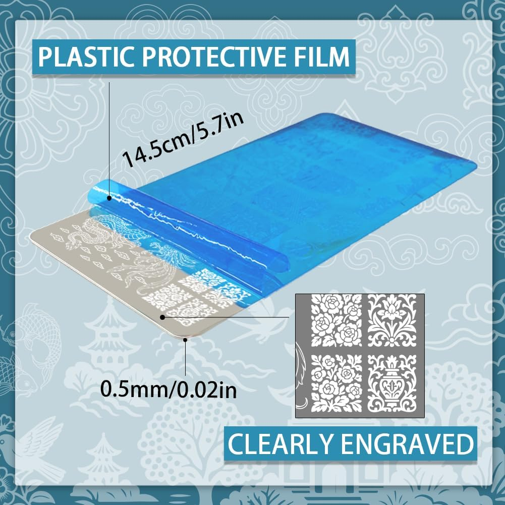 PH Pandahall 2Pcs Chinese Style Nail Stamp Plate Dragon Porcelain Texture Print Art Template Stainless Steel Nail Image Plate Nails Stencils for Women DIY Printing 5.7X3.7 Inch image number 5