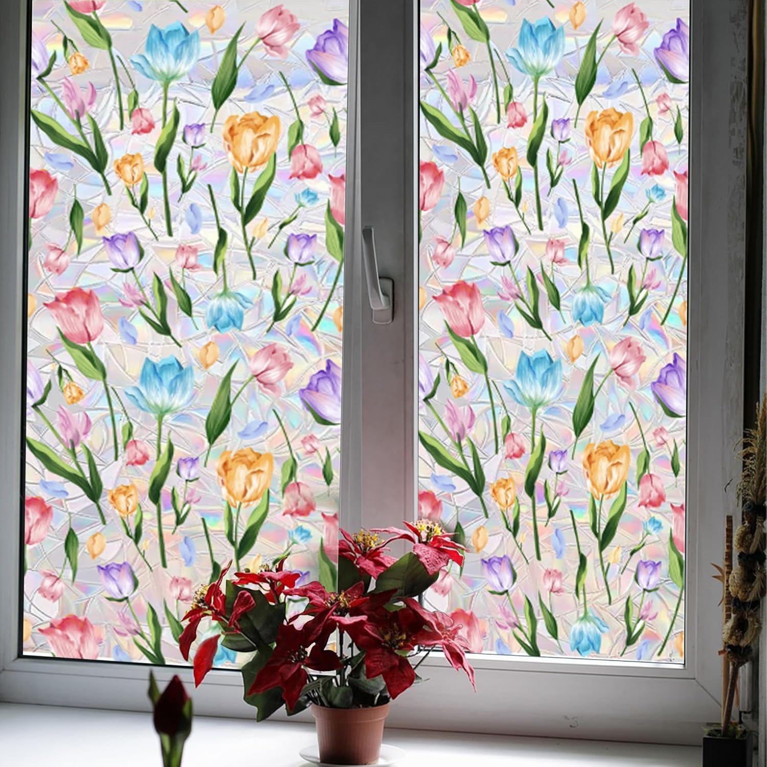 Stained Glass Window Film, Floral Privacy Film for Glass Windows, Decorative Window Cling Film, Non Adhesive Window Coverings Film for Bathroom Home Office (15.7 X 39.3 In) image number 5