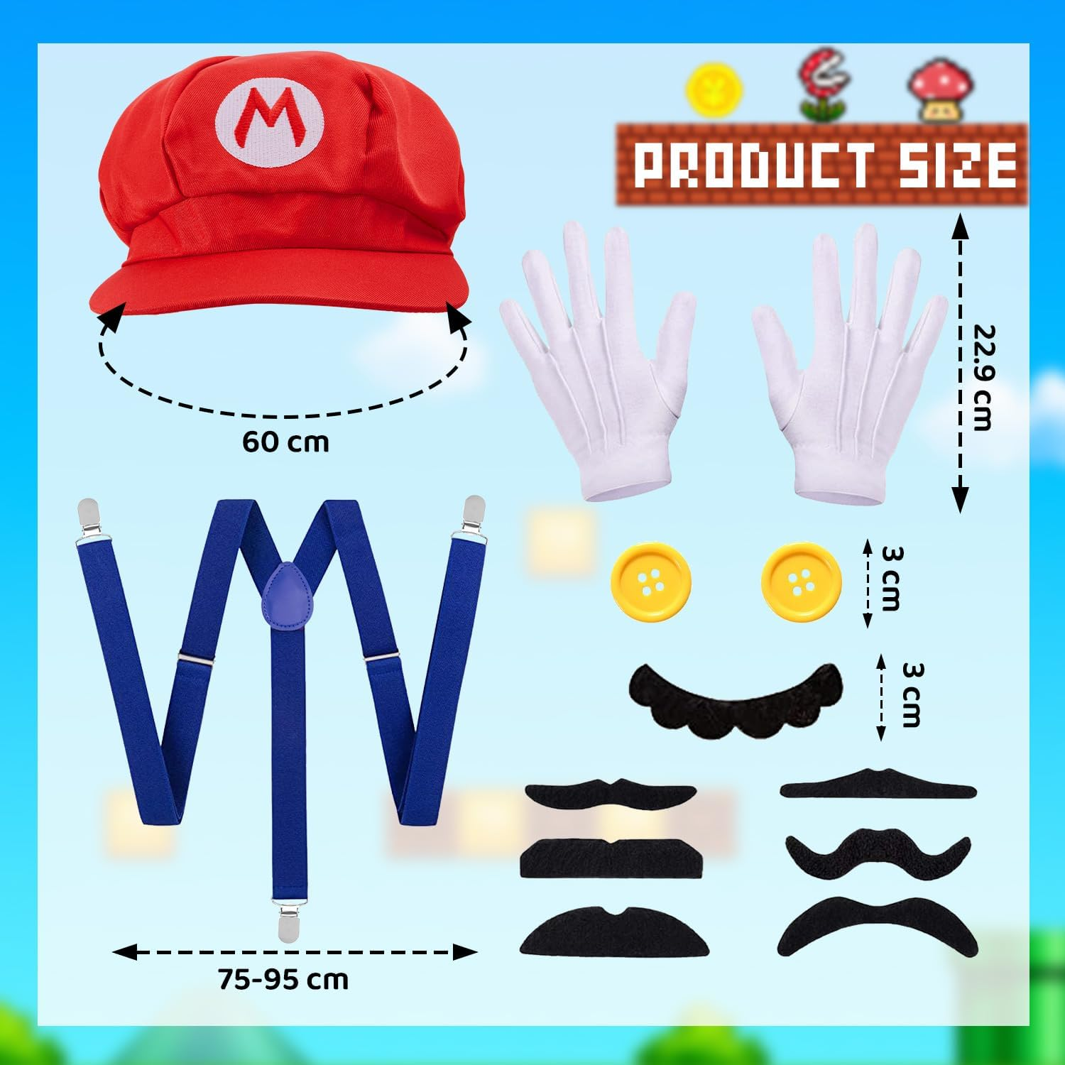 WOTOW Super Brother Costume Accessories Set - Adult Video Game Role Cosplay with Hat Gloves Moustache Buttons Suspenders Fancy Outfit for Dress up Party Supplies Halloween Party Cosplay image number 3