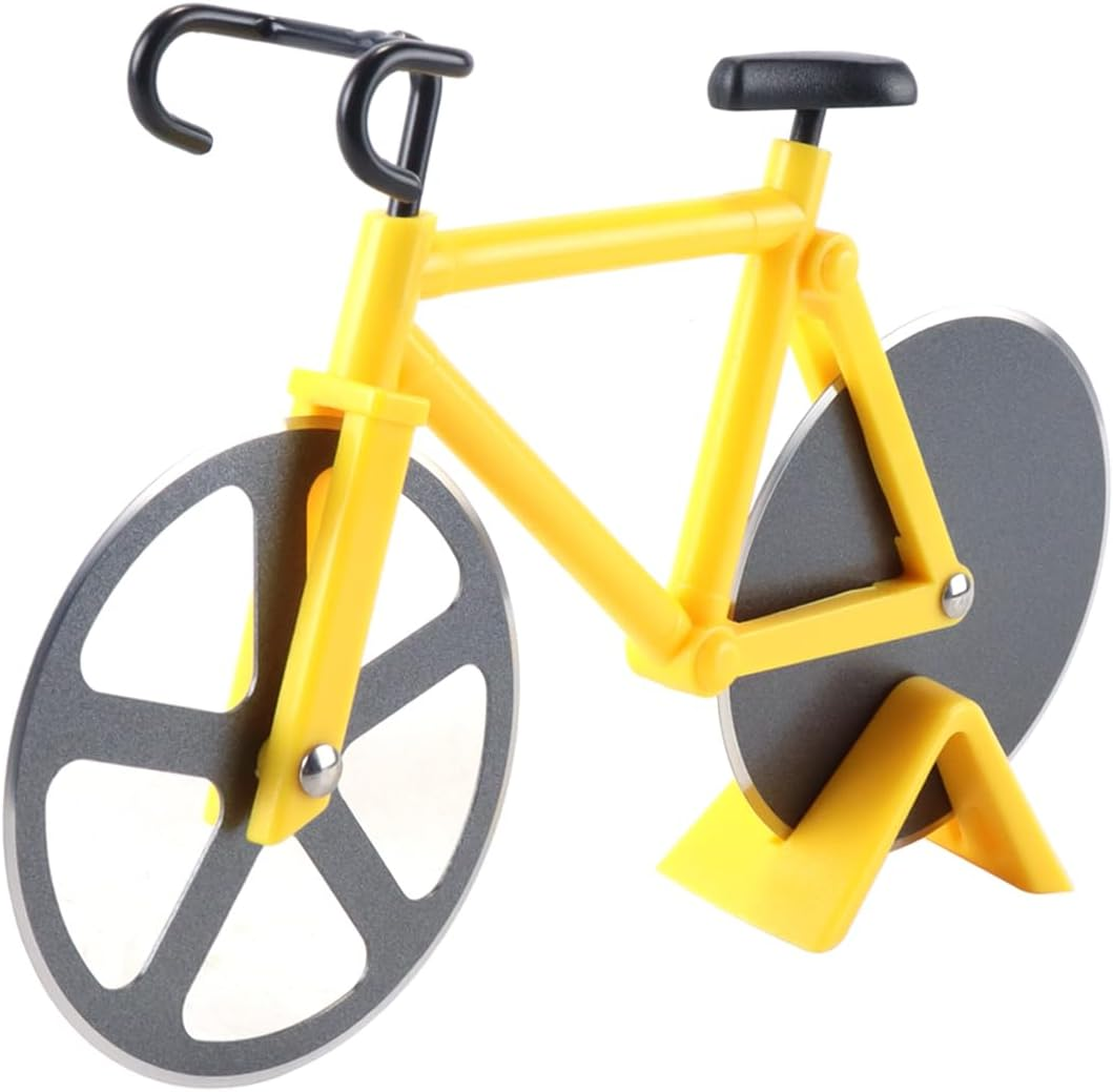 ANCLLO Bicycle Pizza Cutter Stainless Steel Wheel Cutter Double Slicer with Sharp Cutting Wheel and Stand for Kitchen Parties Yellow image number 3