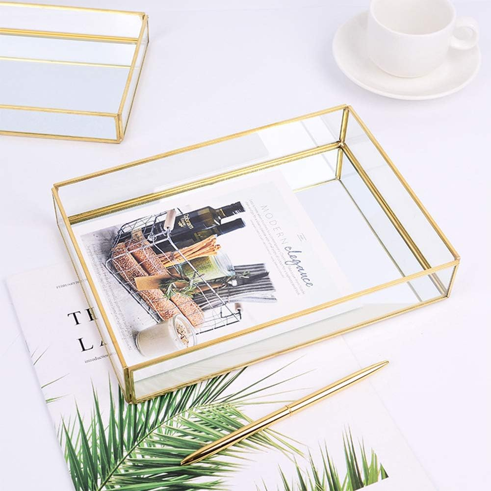 Haofy Vintage Mirror Tray Jewelry Cosmetics Display Boxes Metal Glass Storage Box Gold Tray Cosmetics Vanity Storage (S) image number 6