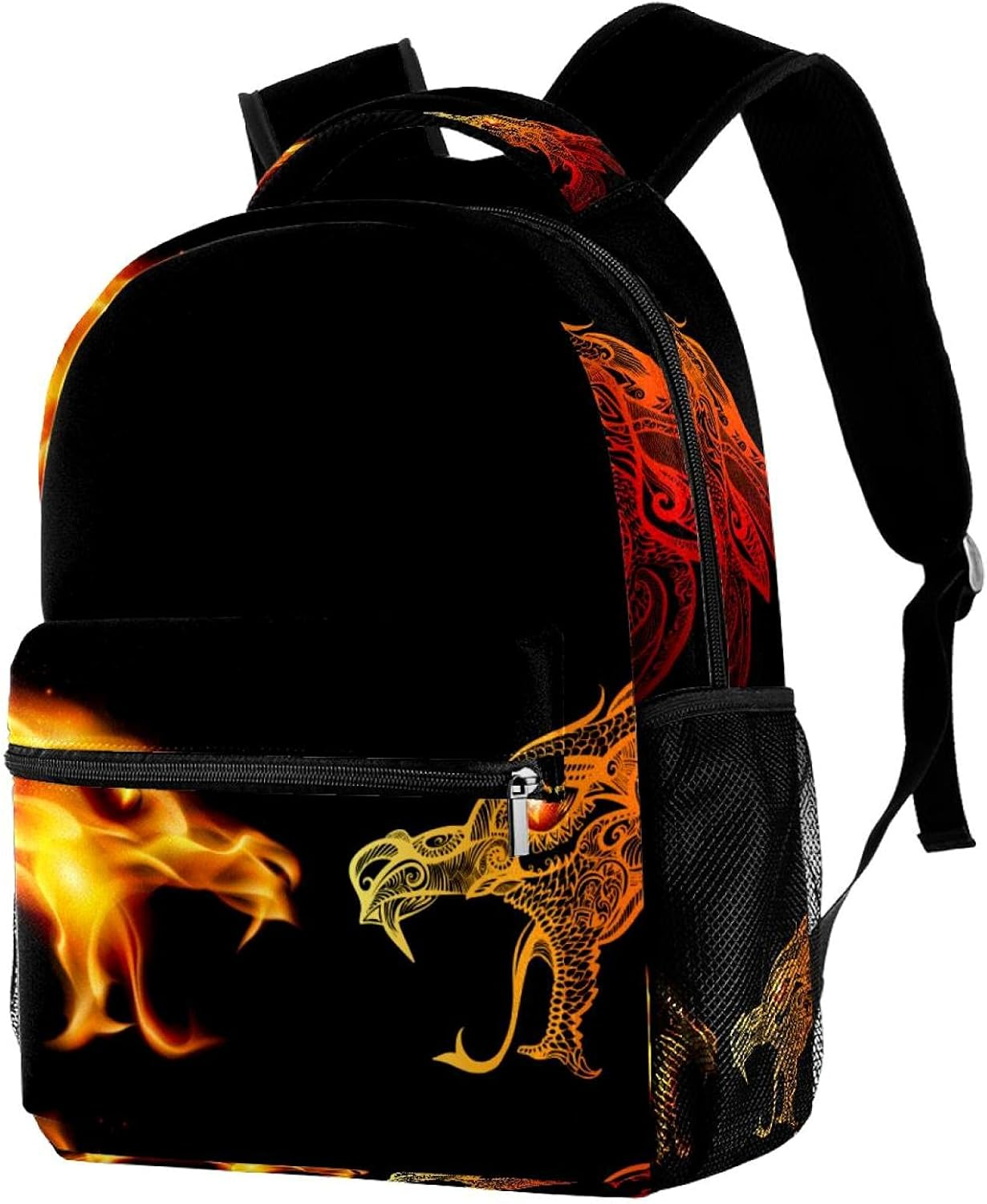 Two Dragon Heads in Fire Backpack Students Shoulder Bags Travel Bag College School Tote Backpacks image number 4