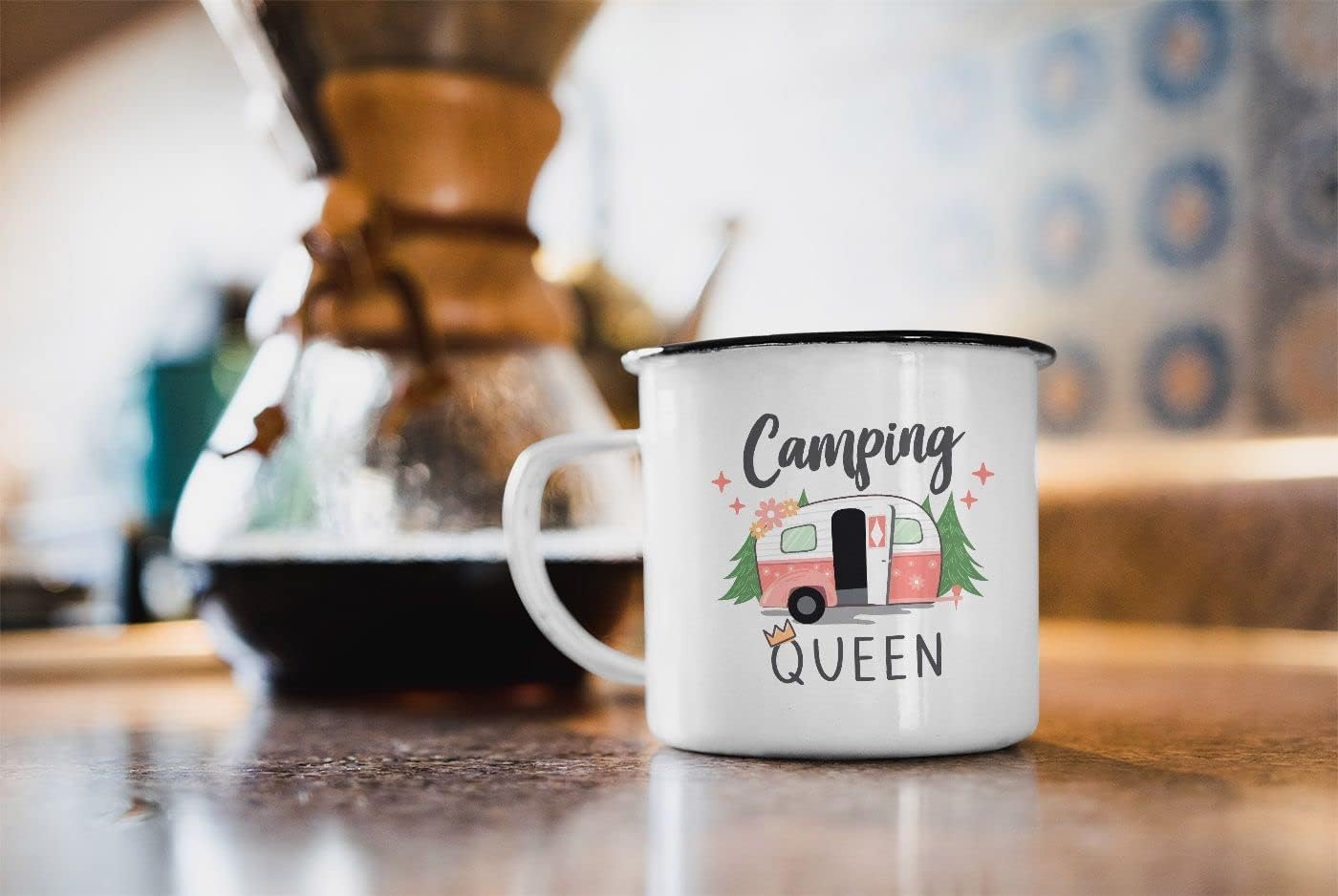 Moonworks&reg; Enamel Mug Camping Queen King Caravan Gift Camper Camping Holiday Accessories Queen Enamel White Black Standard image number 2