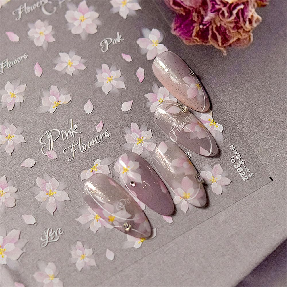 2 Sheets Pink Sakura Flower Nail Stickers Self-Adhesive 5D Embossed Cherry Flower Nail Design Nail Stickers Spring Summer Floral Nail Stickers Relief Petal Nail Sticker Nail Accessories Nail Art image number 2