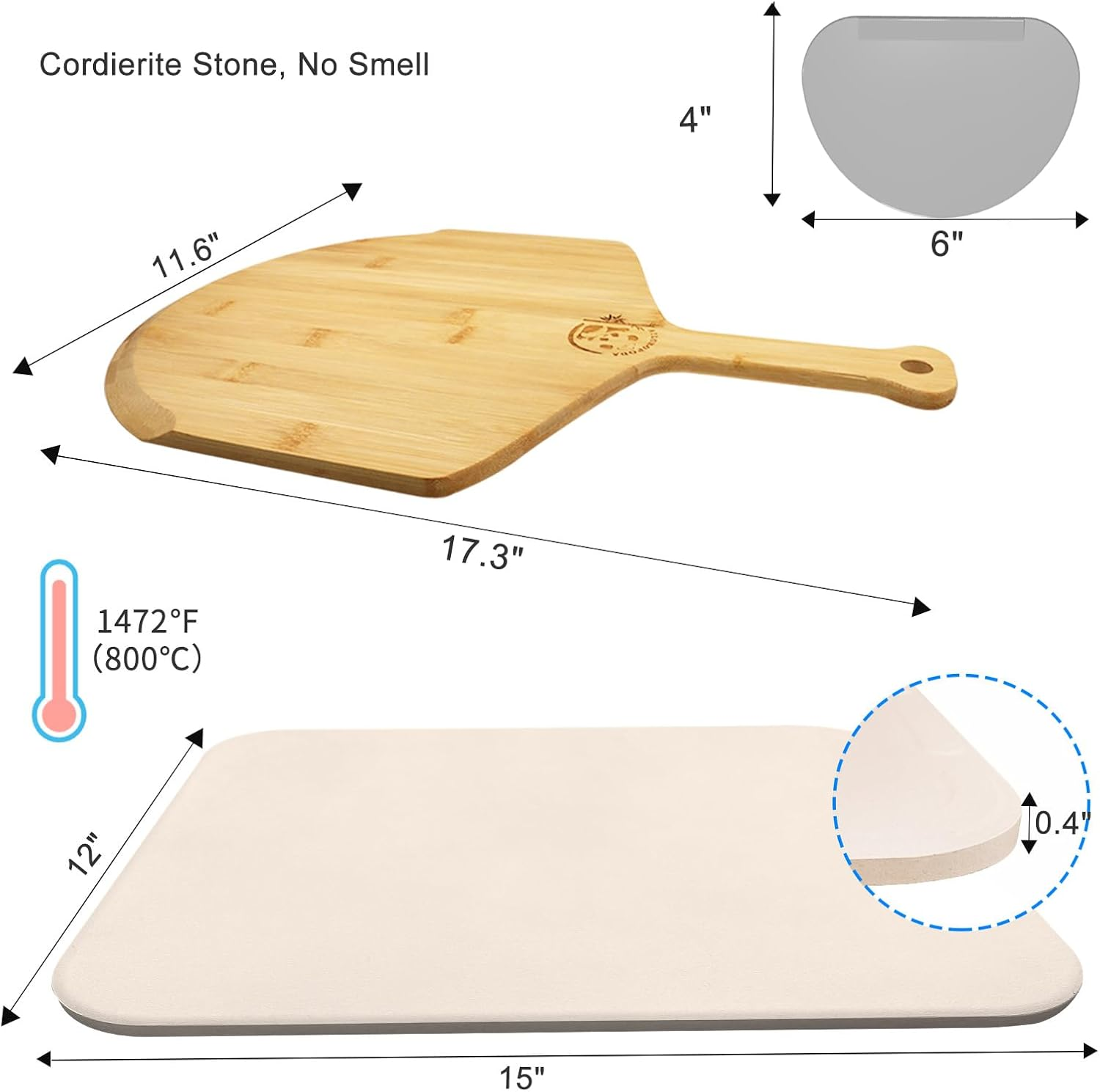 AILUROPODA 15 X 12" Rectangle Pizza Stone with Bamboo Pizza Peel, Cleaning Scraper and Recipe Cordierite Baking Stone for Oven and Grill Pizza Stone for Grill Thermal Shock Resistant - 15*12" Off White-High Temperature+Pizza Peel image number 2