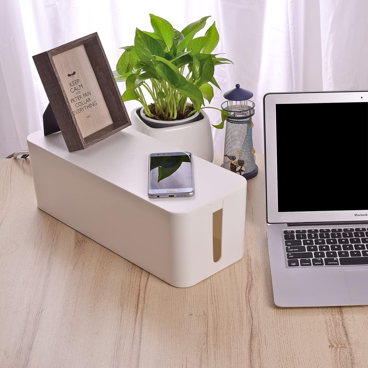 Cable Management Box |,Cord Organizer Box with Lid, Power Strip Storage Box for Desk Cable Organizer for Computers (Deep White) - Milky image number 5