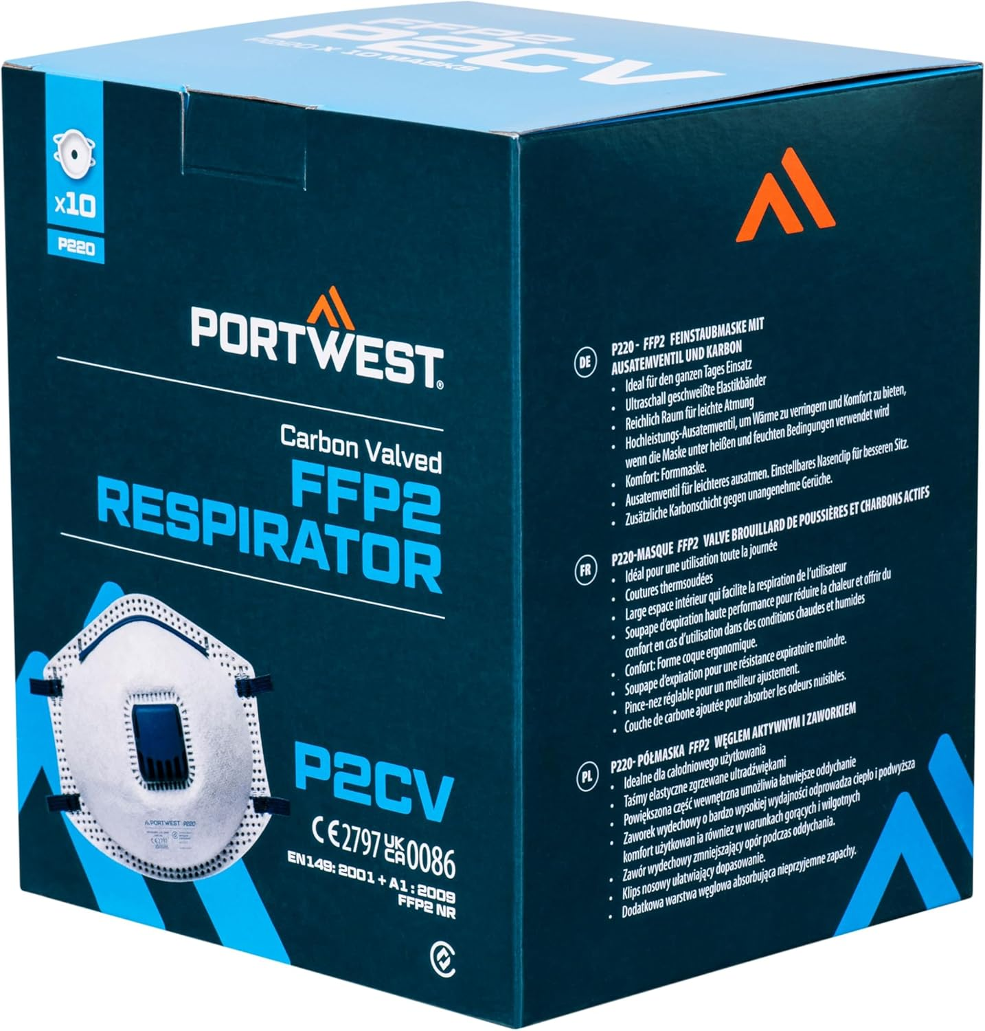 Portwest P220 Disposable FFP2 Carbon Valved Respirator Face Mask (Pack of 10) White image number 1