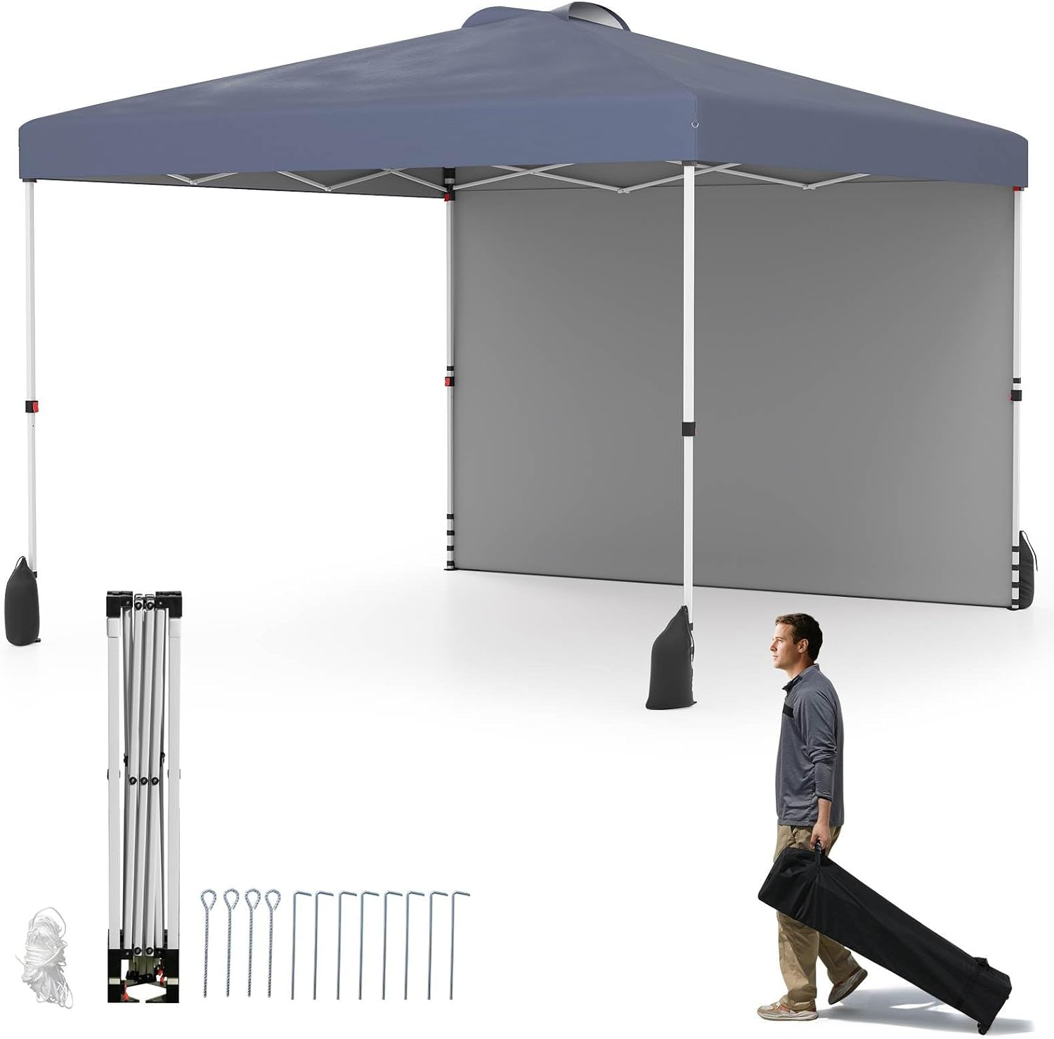 Costway 3 X 3 M Pop up Canopy Tent W/ 1 Sidewall, Wheeled Bag, 8 Stakes, 4 Anchors, 4 Wind Ropes, 4 Sandbags, Vented Top, Portable Foldable Outdoor Patio Shelter (Blue)