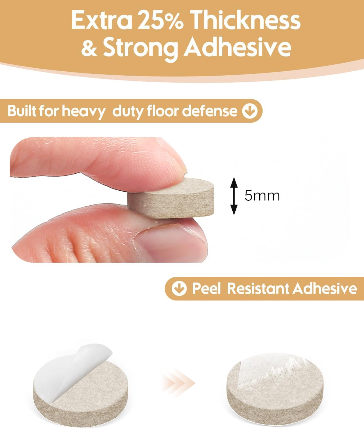 VABNEER Self-Adhesive Felt Gliders, 20 Mm (Pack of 132), 5 Mm Thick Felt Pads for Chairs and Furniture Feet, Protection for Wooden Floors, Laminate & Tiles, Noise Dampening & Scratch Prevention image number 3