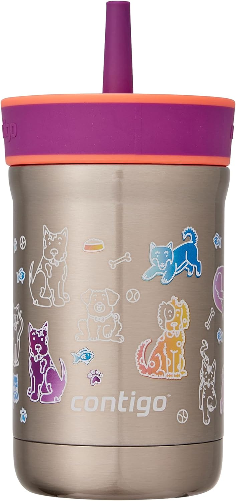Contigo Leighton Vaccum-Insulated Kids Water Bottle with Spill-Proof Lid and Straw, 12Oz Stainless Steel Water Bottle with Straw for Kids, Keeps Drinks Cold up to 13 Hours, Raspberry/Azalea