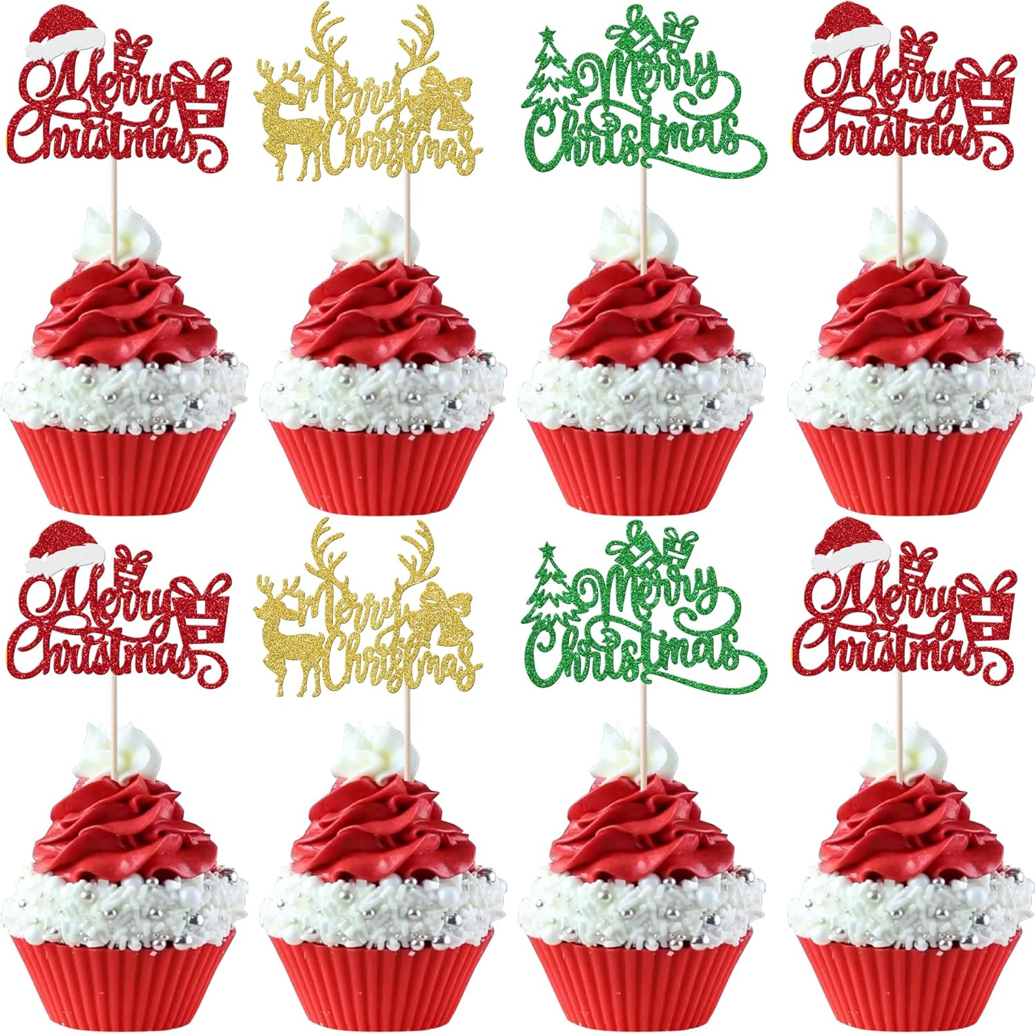 24 Pack Merry Christmas Cupcake Toppers Glitter Xmas Tree Santa Hat Deer Christmas Cupcake Picks Decoration for Winter Christmas Theme Xmas Holiday Birthday Party Supplies Red