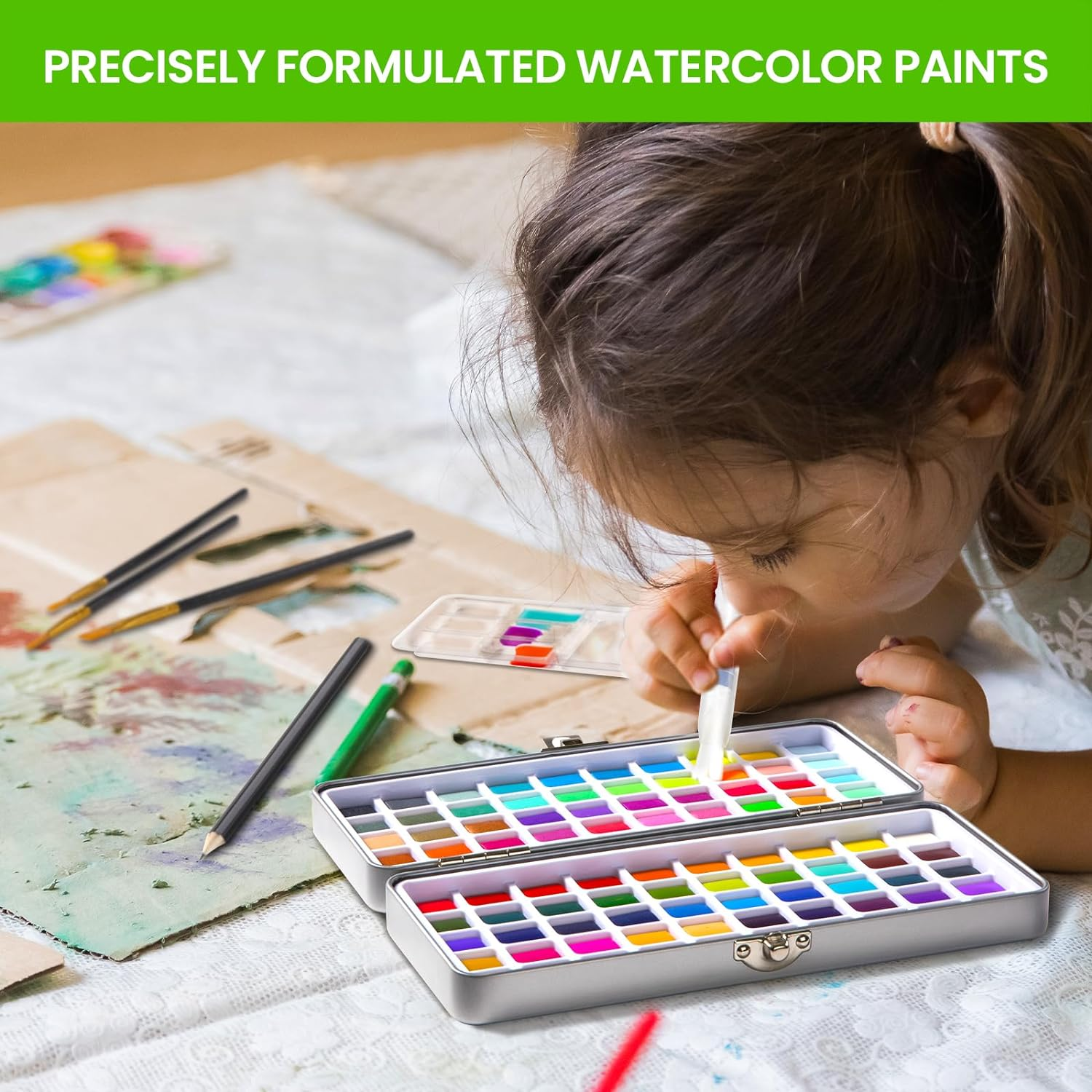 YNTCHENG Watercolor Paint Set 100 Colors,Water Colors Paint Adult Set with Watercolor Paper and Water Brush Pens,Ideal for Kids,Artists and Hobbyists,Perfect Starter Kit for Painting,For Travel image number 1