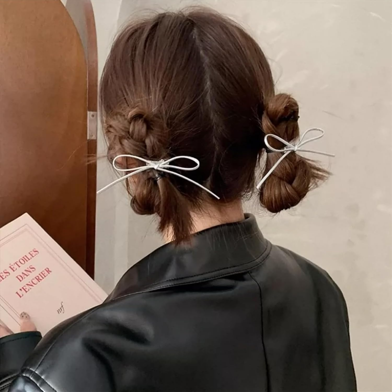 ASOMI Set of 4 Simple Fashionable Hair Pins with Leather Bow, Vintage Y2K Style, Charming Hair Accessories Set for Women and Girls (Gold, Silver) image number 4