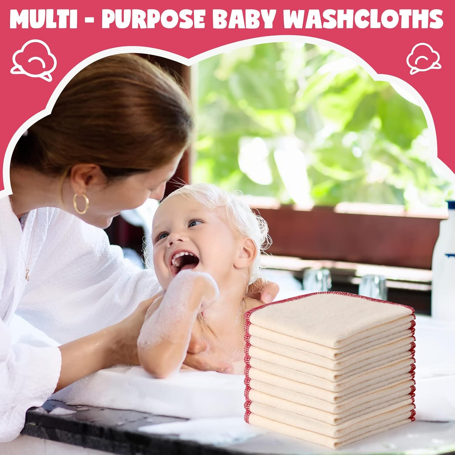 Meekoo 45 Pcs Unbleached Flannel Cloth Baby Wipes Reusable Baby Diapers Wipes 8 X 8 Inch Soft and Sturdy Washable Natural Cloth Tissues Outer Stitching(Red) image number 4