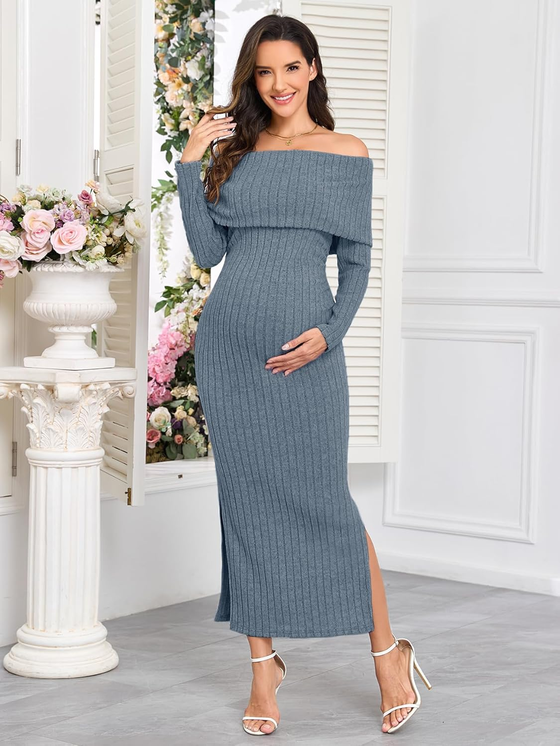 CYCLAMEN Off-Shoulder Maternity Sweater Dress Rib Knit Long Sleeve Dresses with Side Slit Pregnancy Clothes Baby Shower image number 5
