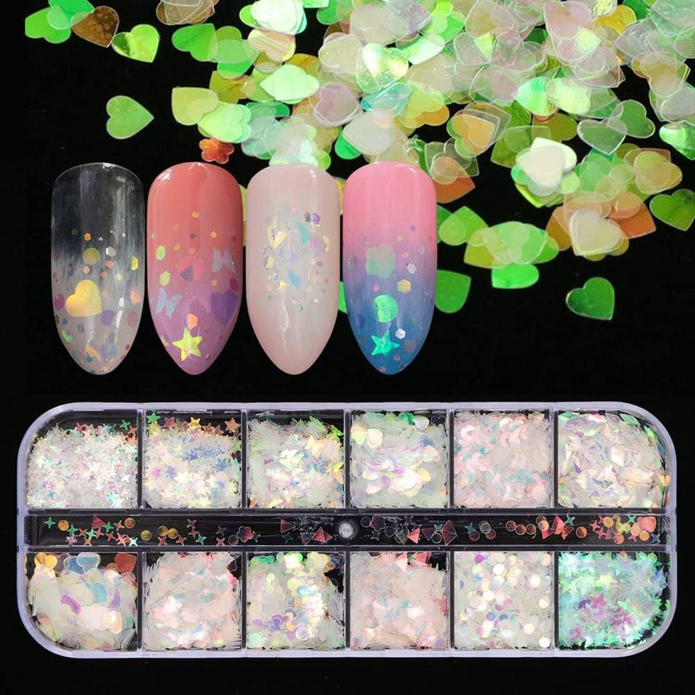 Circle Q 12-Shaped Holographic Nail Sequins Iridescent Mermaid Flakes Colorful Glitter Sticker Manicure Nail Art Design Make up DIY Decals Decoration (Mermaid) image number 2