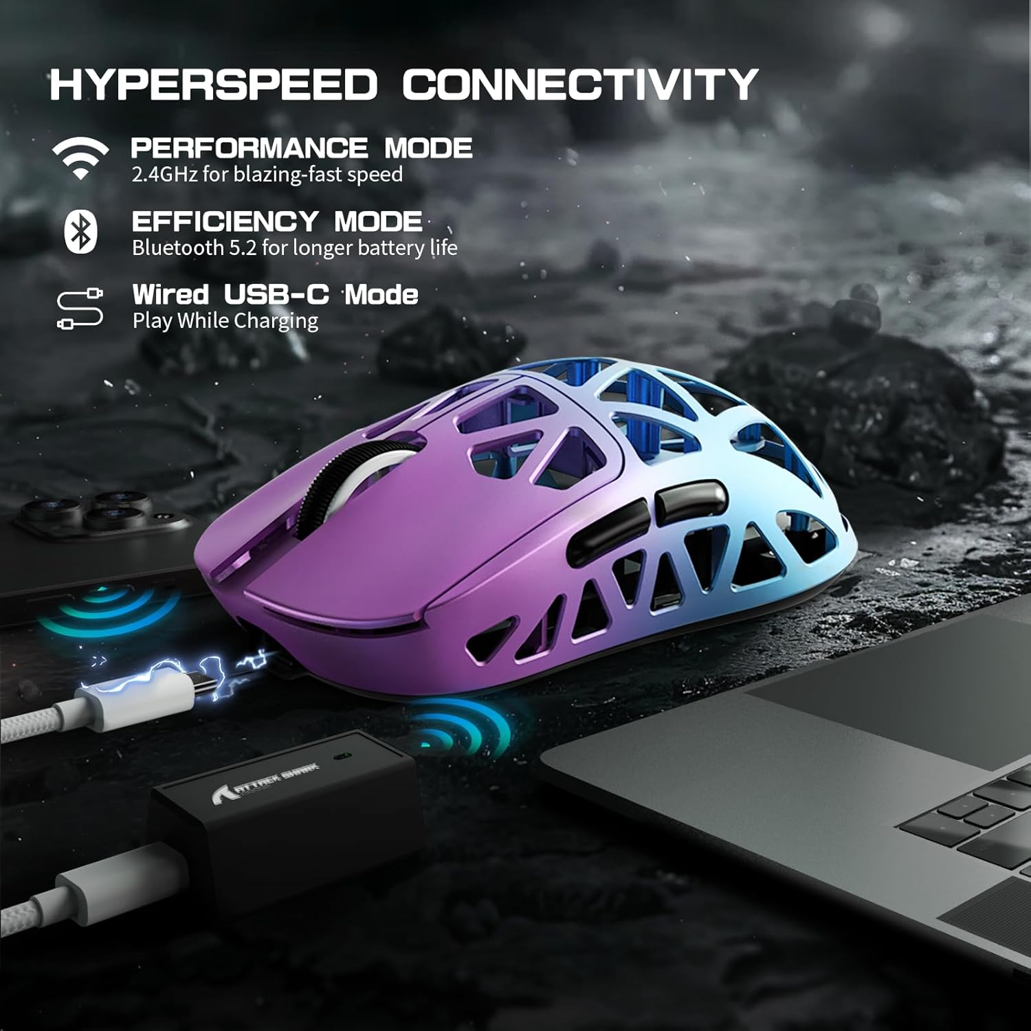 ATTACK SHARK R2PRO 45G Superlight Magnesium Alloy Mouse, Pixart PAW3950 Sensor, 42000 DPI, 8000Hz Wireless Polling Rate, 2.4G/Bt/Wired Gaming Mouse G502, with Coiled Cable, Pc/Mac, Purple image number 5