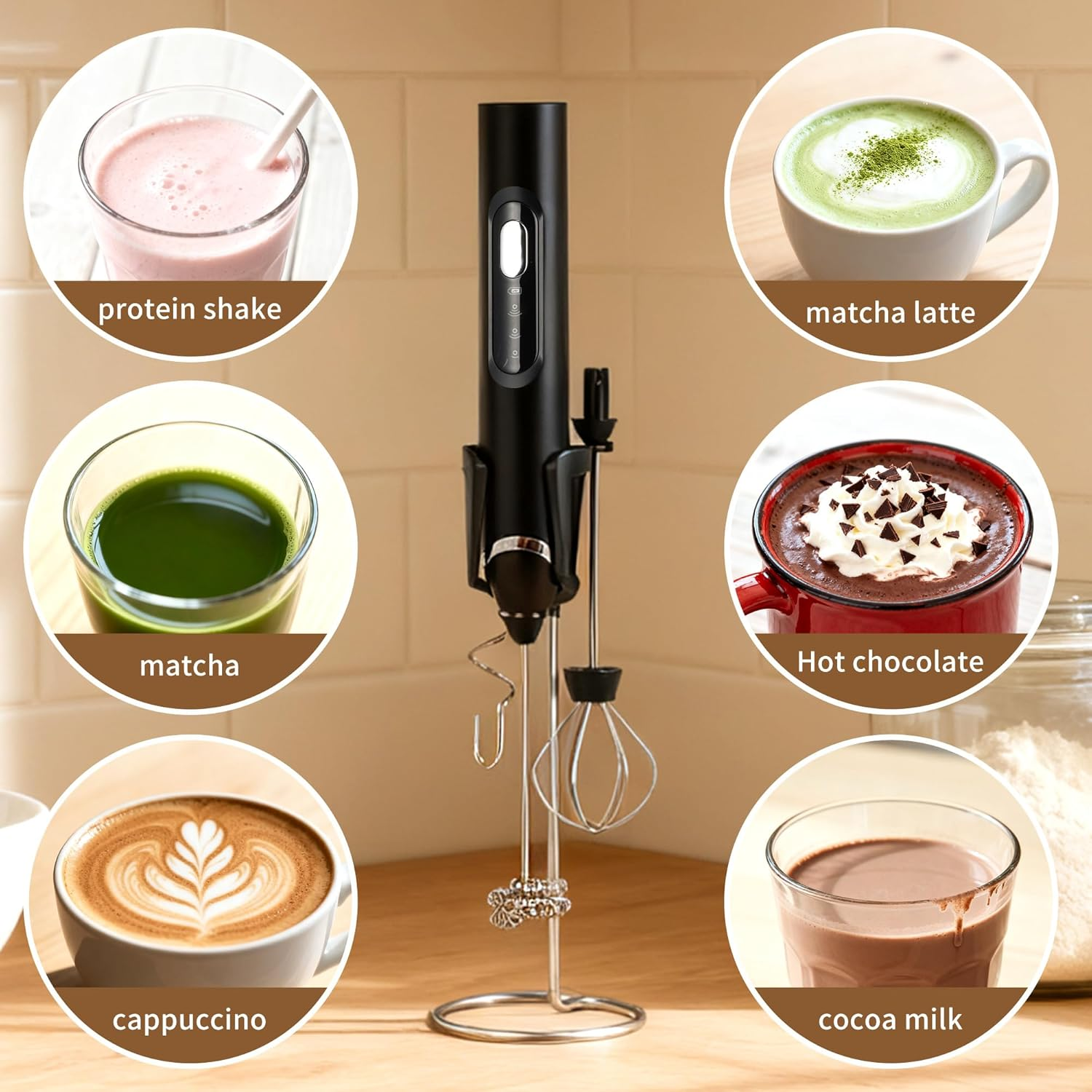Milk Frother, Handheld Electric Foam Maker,Rechargeable Power Frother Wand Foam Maker,Drink Mixer for Coffee, Latte, Cappuccino, Matcha, Hot Chocolate, Egg,With Stand, Black image number 1