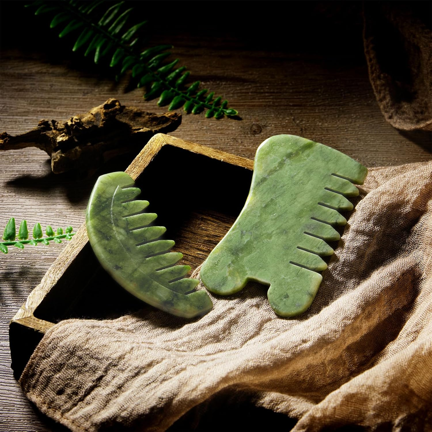 BBTO 2 Pcs Jade Comb for Scalp Massage Gua Sha Comb for Head Body Spa Hair Multifunctional Handheld Massage Tools(Round, Classic Style) image number 3