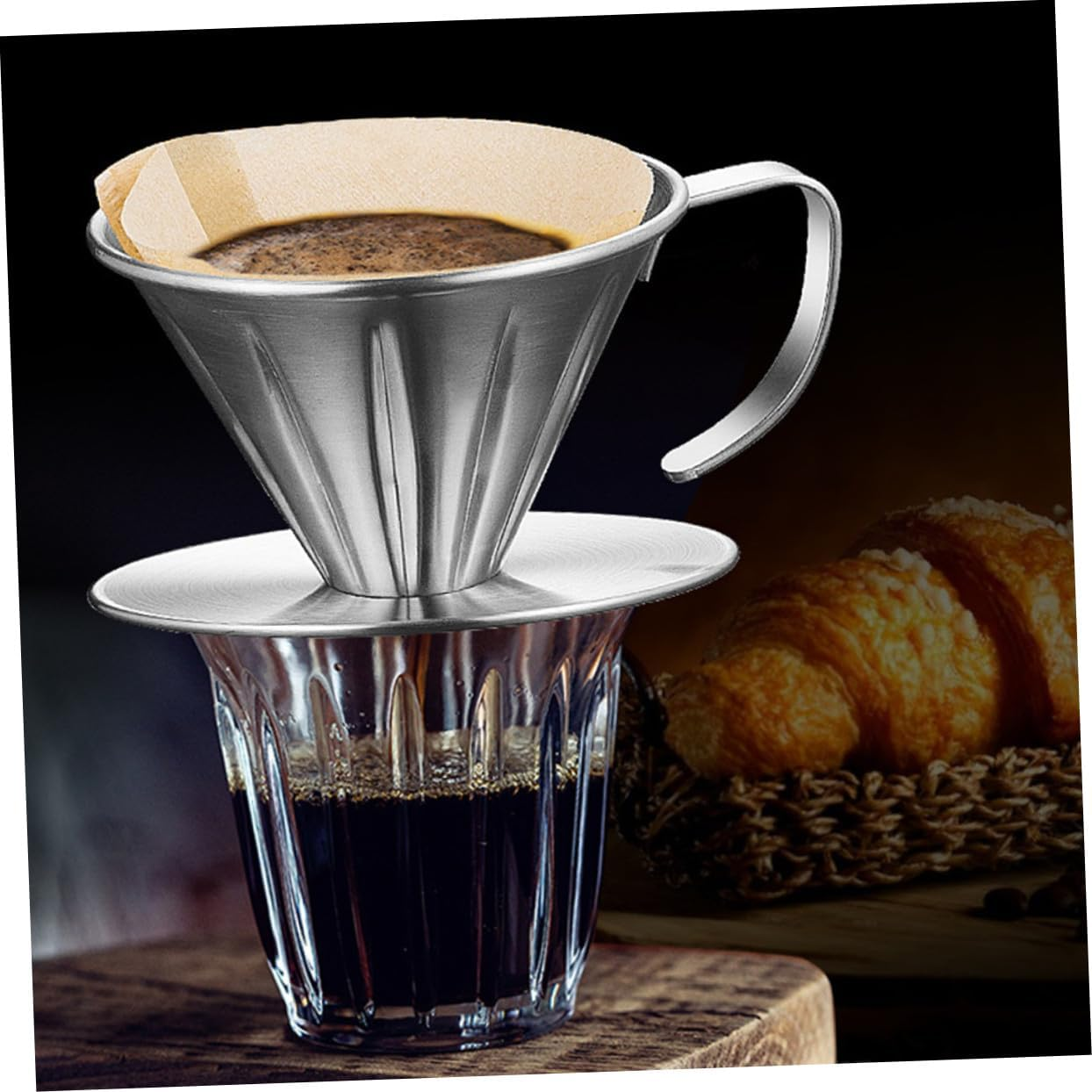 GAXIRE Stainless Steel Coffee Filter and Tea Strainer Reusable Drip Funnel with Handle and Base for Home Brewing image number 3