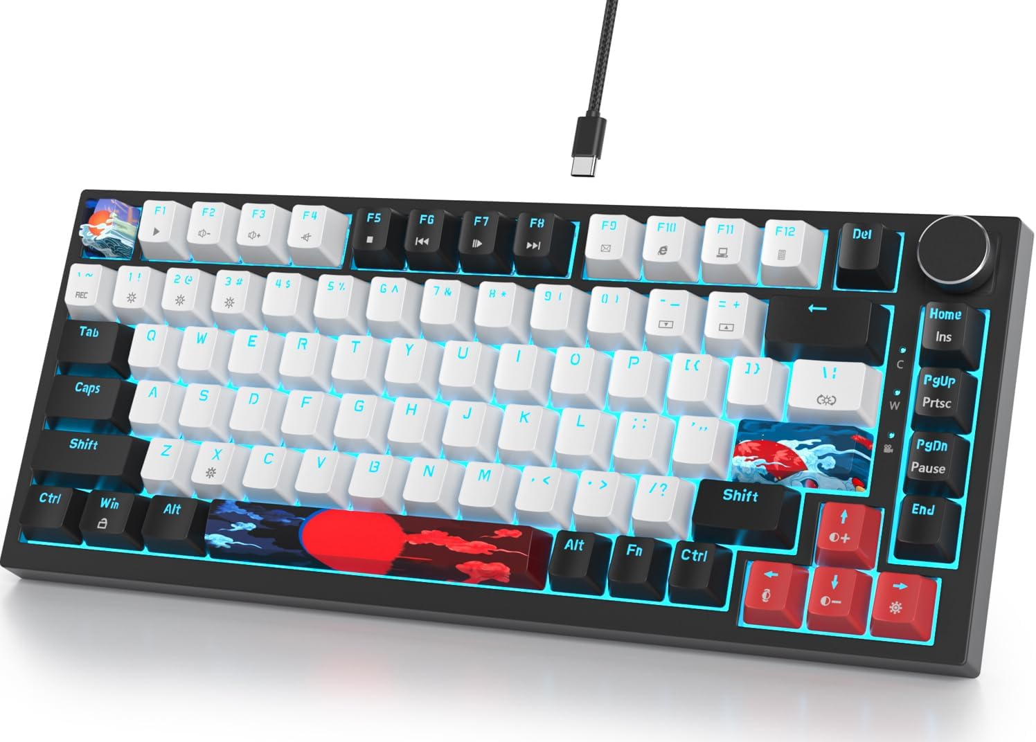 Fogruaden Wired 75% Percent Mechanical Keyboard Hot Swappable, Red Switch, RGB Backlit, 82 Keys TKL Mechanical Keyboard, NKRO Compact Gaming Keyboard, Volume Control Knob (Soundwave)