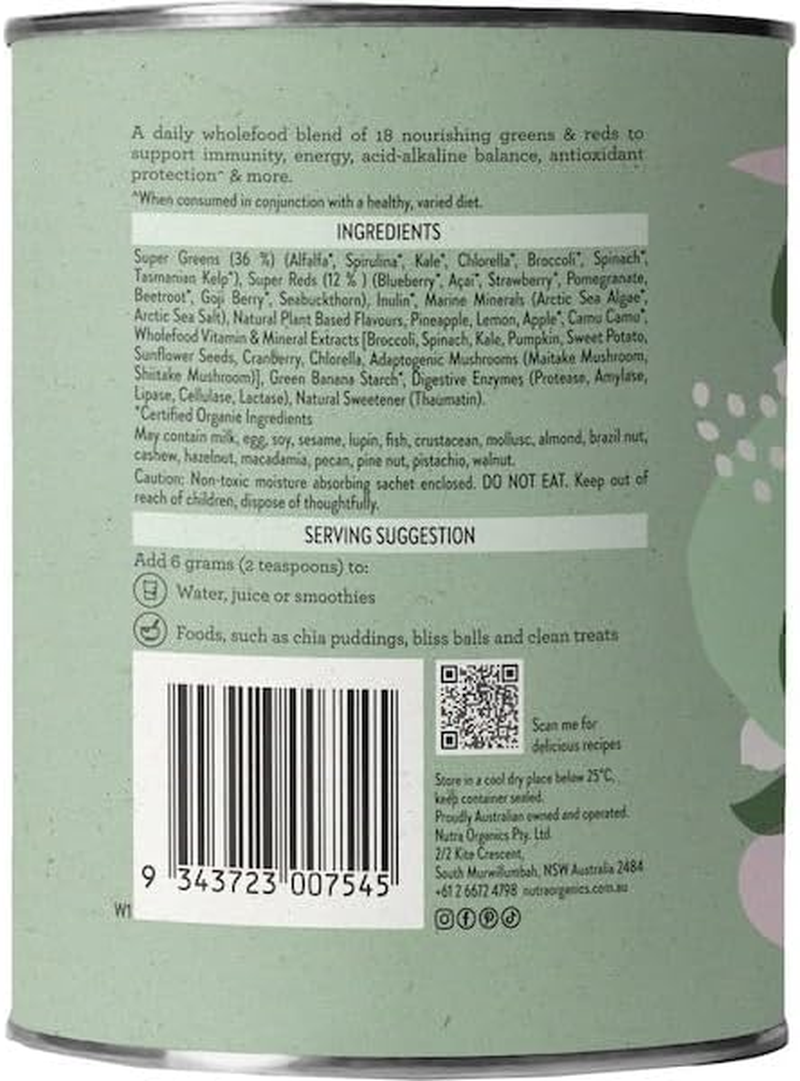 Nutra Organics Daily Greens + Reds Delicious Wholefood Multivitamin 150G | Organic Powder Superfood Supplement | for Energy, Immunity and Wellbeing (25 Serves) image number 2