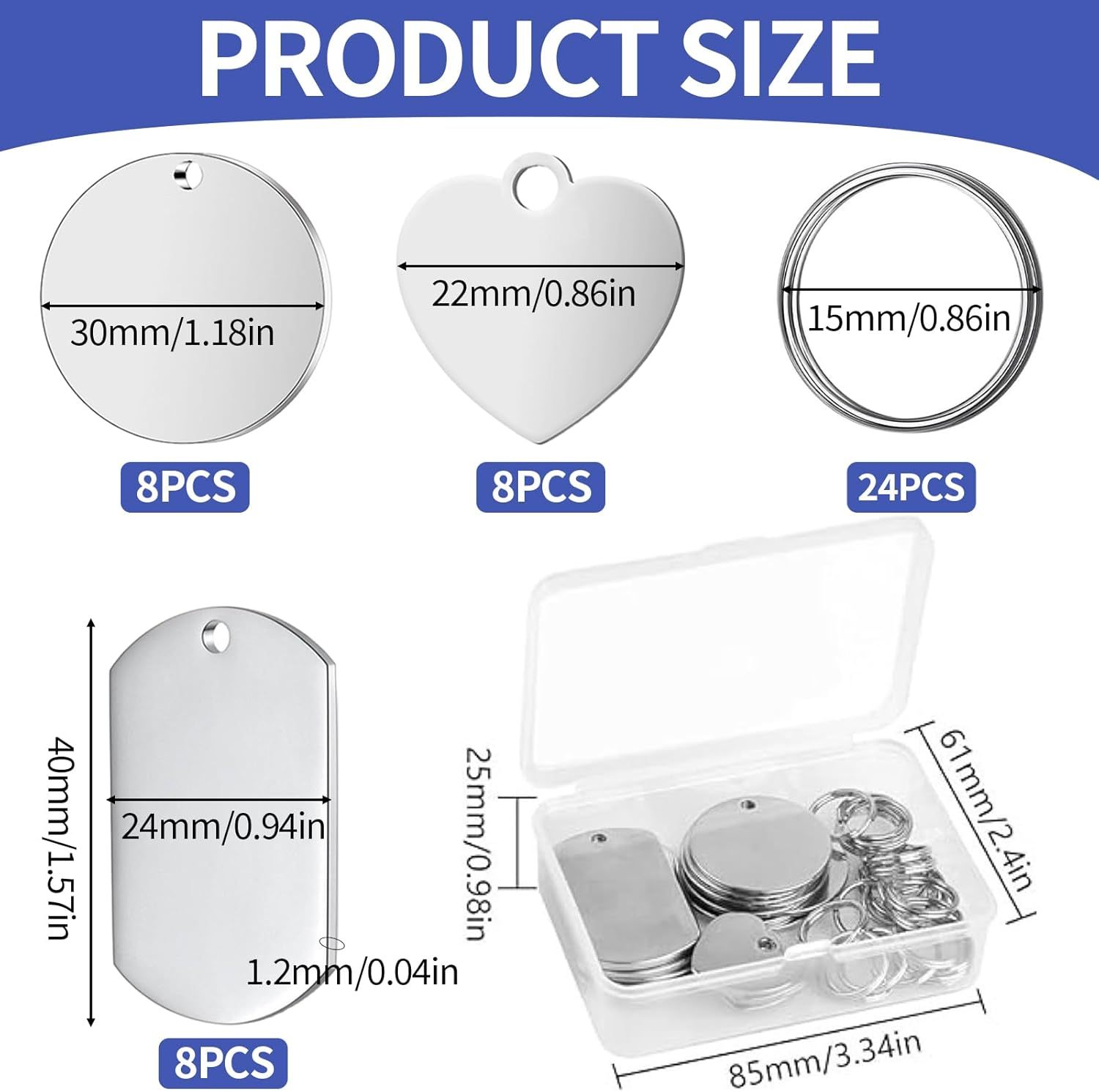 YUDAWN Pack of 24 Stainless Steel Blank Pendants, Key Ring Blanks Dog Tags, Dog Tags, Punching Blanks for Round, Rectangular, Heart-Shaped Charms, Necklace, Bracelets, DIY Making Kit image number 4