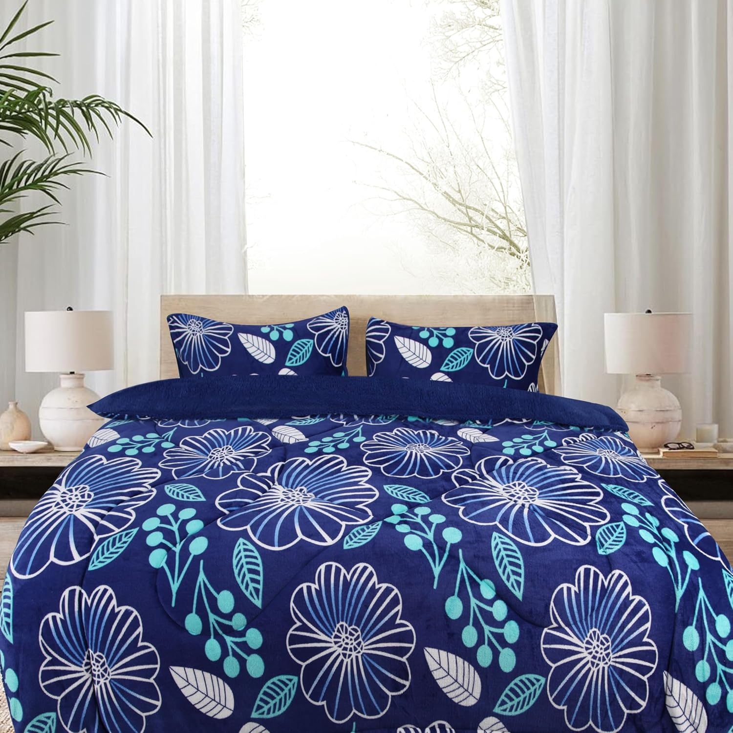Ramesses Printed Sherpa Flannel Fleece Reversible Blanket Set Single/Double Blue Flower