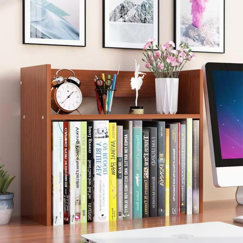 Hbluefat Desktop Bookshelf, 2-Tier Wood Desk Display Stand Organizer, Small Tabletop Bookcase Storage for Home Office, Living Room, Bedroom (Teal) image number 1