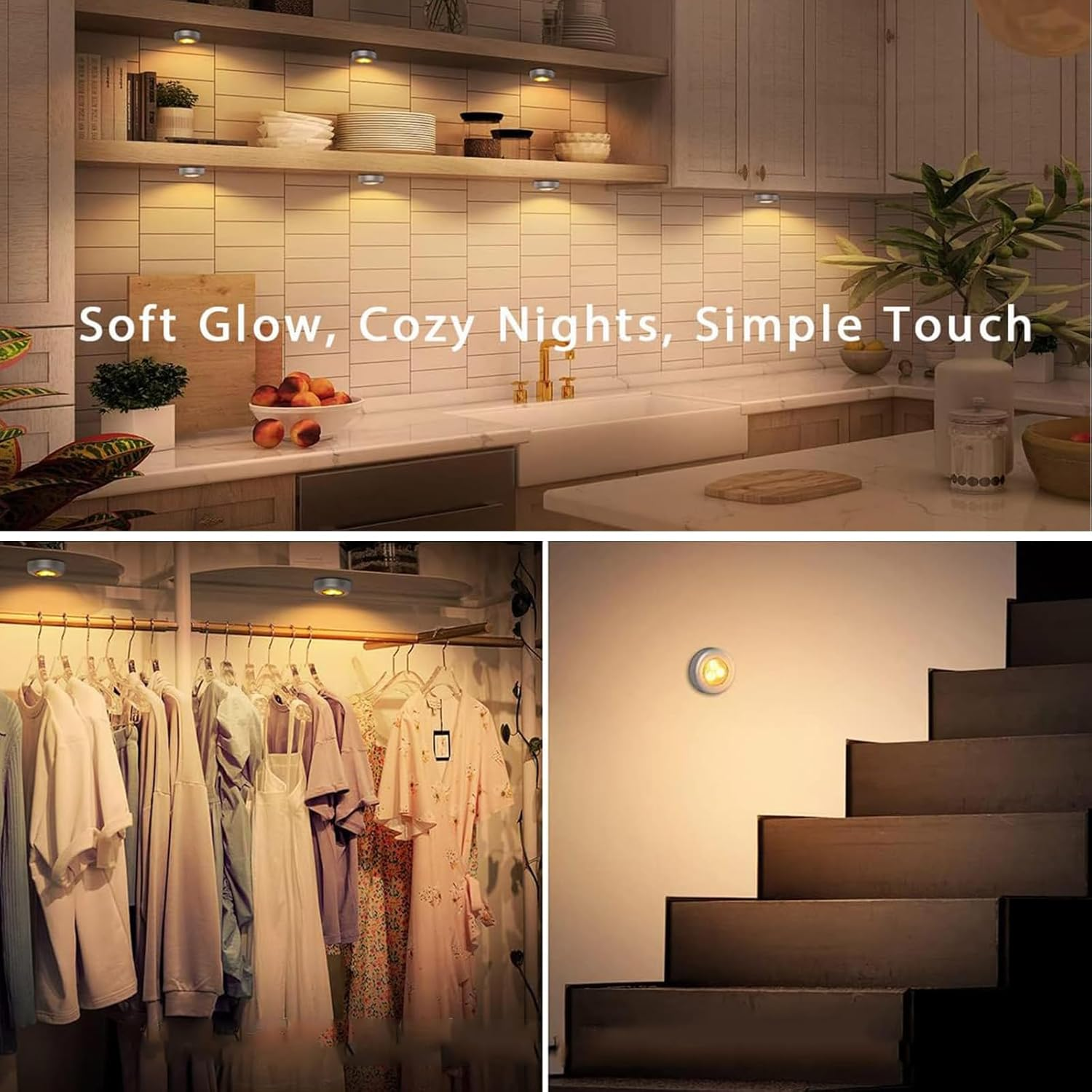 Komiyaa 6Pcs Mini Puck Lights, Portable under Cabinet Lighting, AAA Battery Operated LED Lights, Warm Lightings Touch Light Stick on Night Light, for Closet Counter Kitchen Cabinet RV Indoor Outdoor