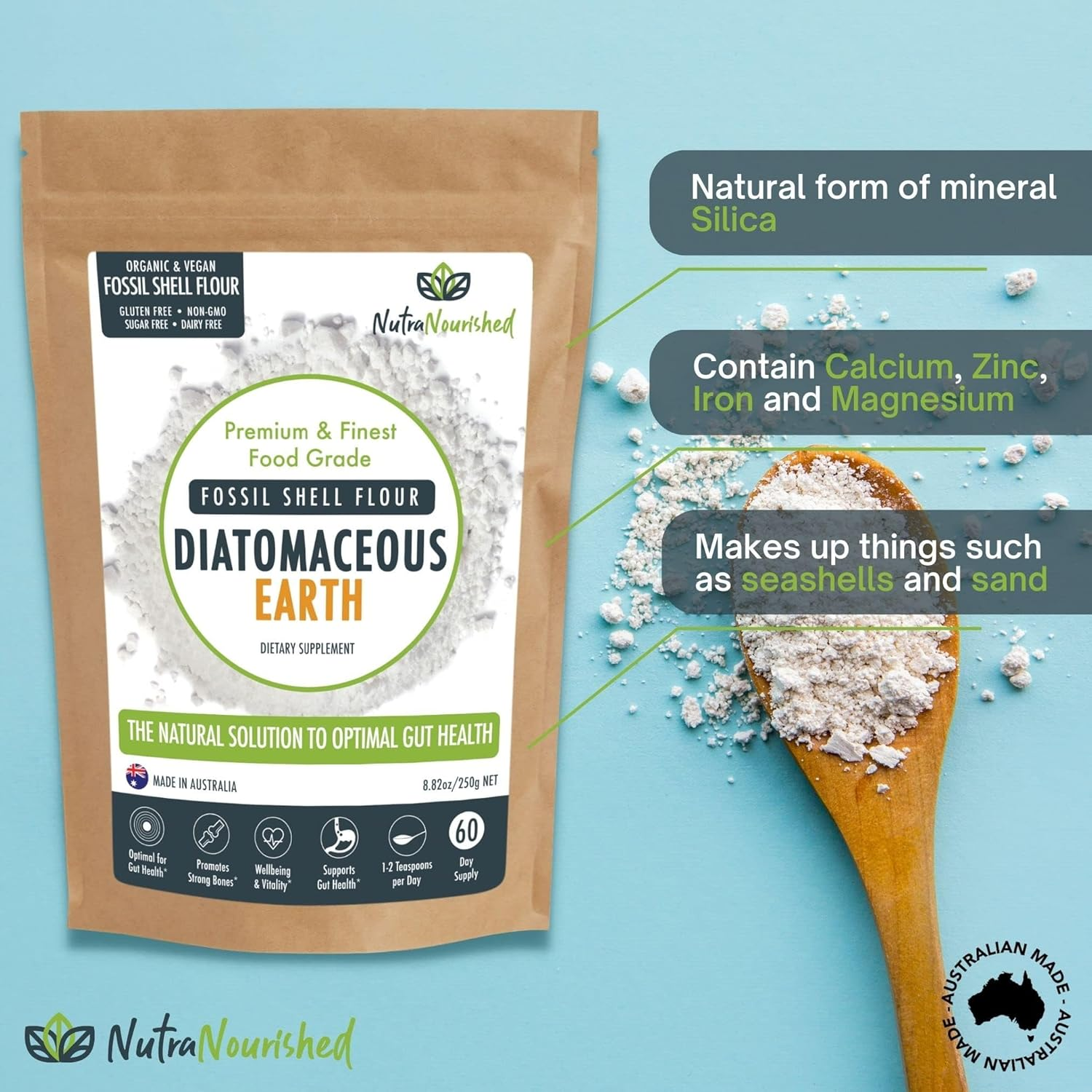 Food Grade Diatomaceous Earth 250G - Fossil Shell Flour Powder for Detoxification, Digestive Health, and Natural Wellness - Organic and Silica Rich Mineral Supplement image number 3