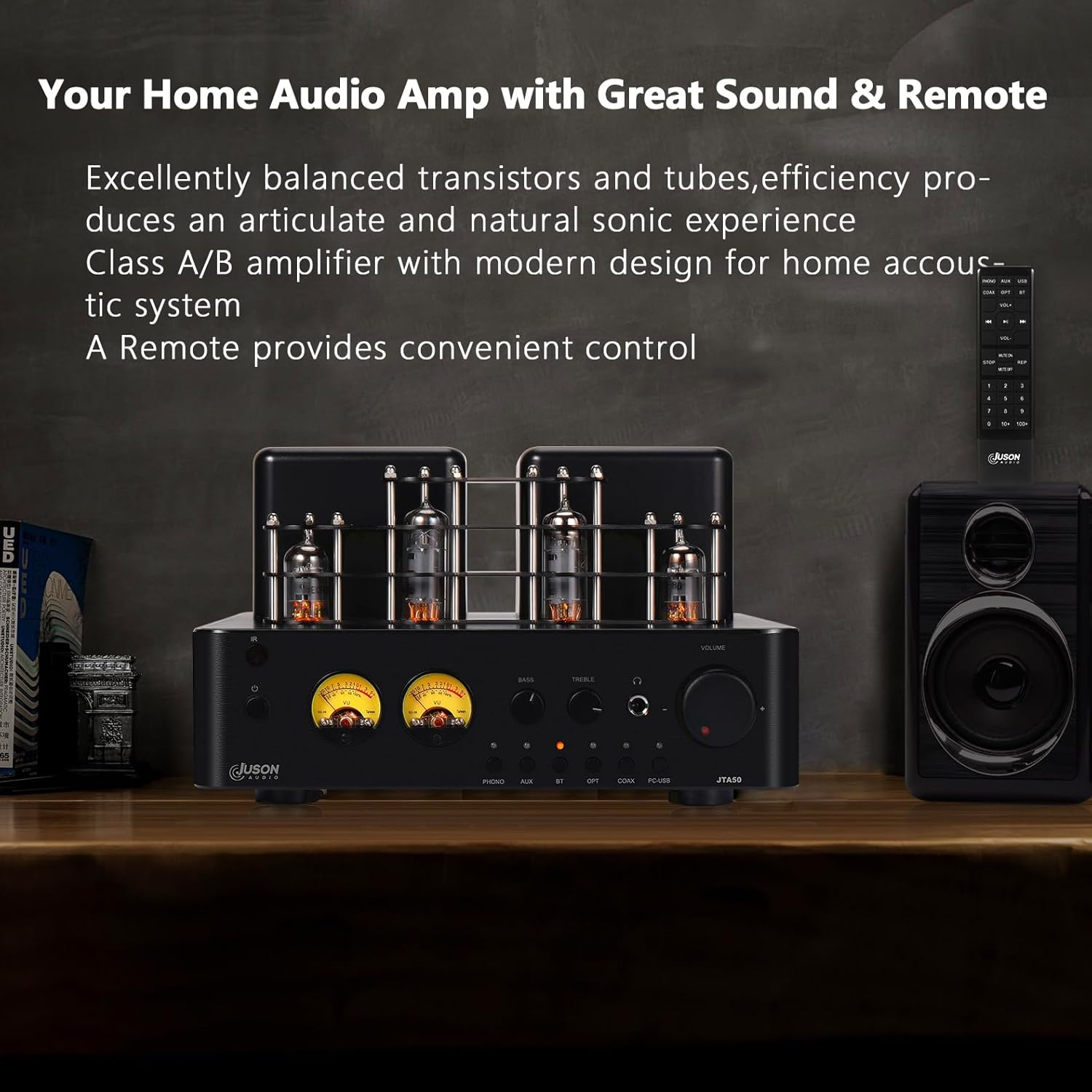 Juson Audio JTA50 Tube Amplifier Entry-Level Hifi Amp with BT 5.0, Remote,Aux,Coax, Phono and USB In,Subwoofer Out,2.1Ch for Turntable image number 3