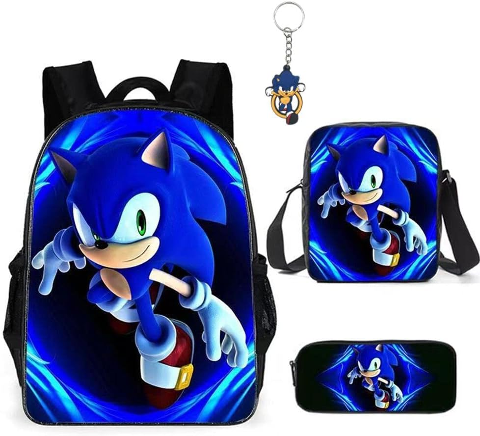AII Lover 3Pcs Anime Hedgehog Backpack with Pencil Case,16In 3D Printed Cartoon Game Backpack Laptop Backpack (B) image number 1