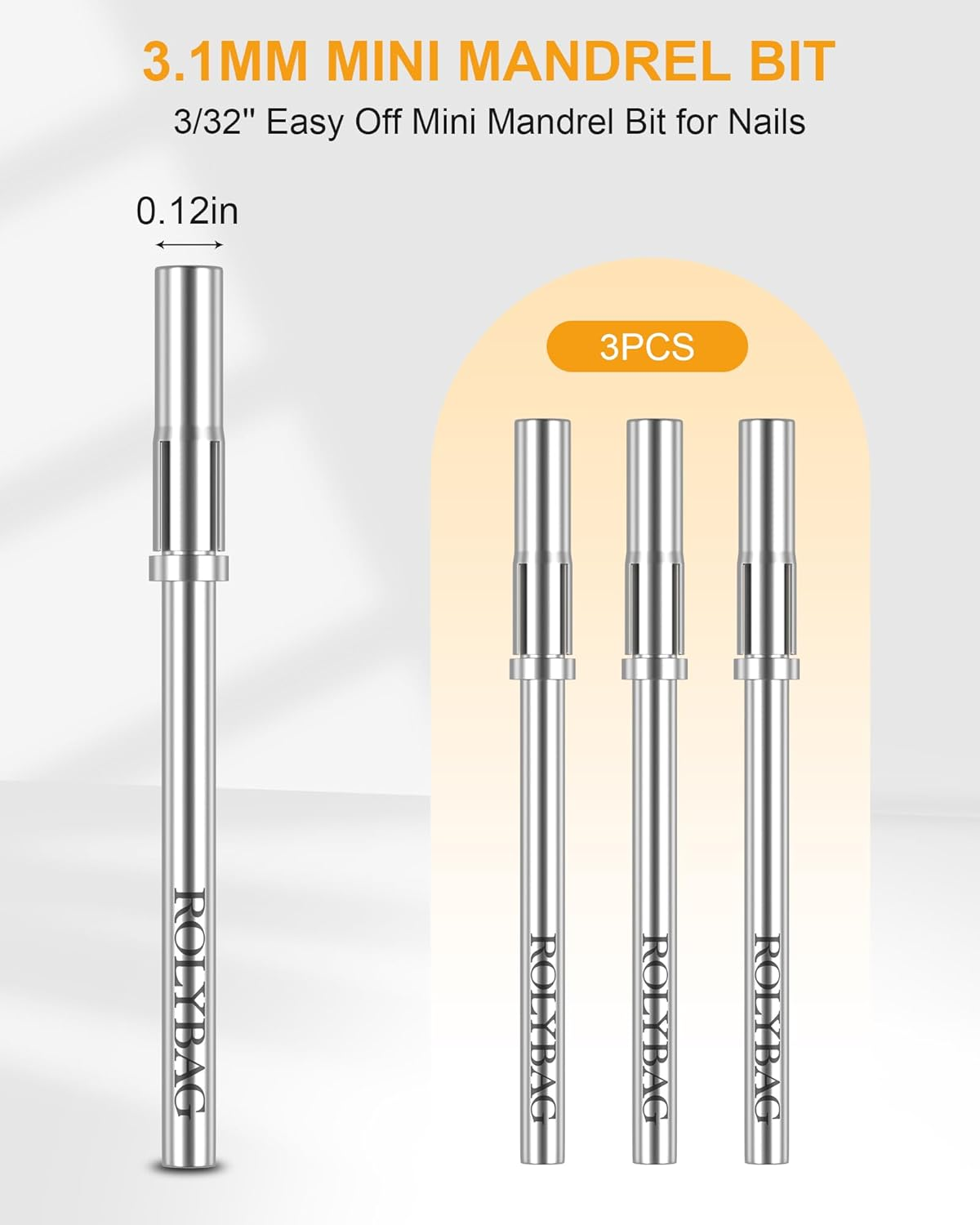 Rolybag Mandrel Nail Drill Bit, Mandrel Bit for Small Sanding Bands, 3/32'' Easy off Mini Mandrel Bit for Nails, Suitable for Acrylic Nails Gel Manicures, Silver Mandrel Drill Bit 38Mm X 3.1Mm image number 3