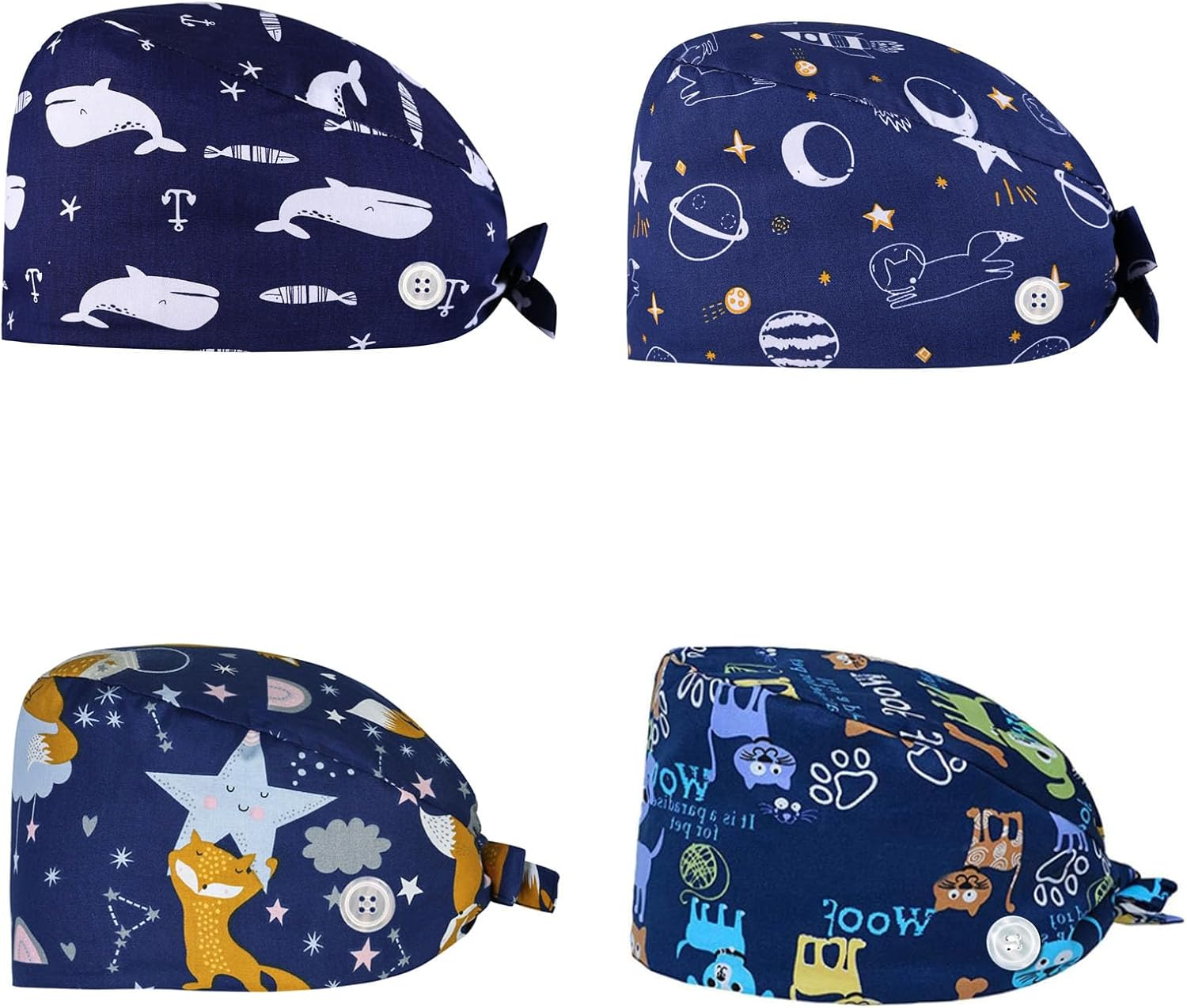 DONHUA Cute Printed Bouffant Scrub Caps with Button & Adjustable Sweatband for Women