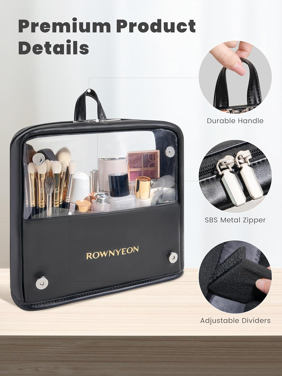 ROWNYEON Makeup Brush Bag, High Capacity Stand-Up Makeup Brush Holder, Travel Professional Cosmetic Bag Artist Organizer Bag Large Makeup Brush Case with Adjustable Divider (Brushes Not Included) image number 4