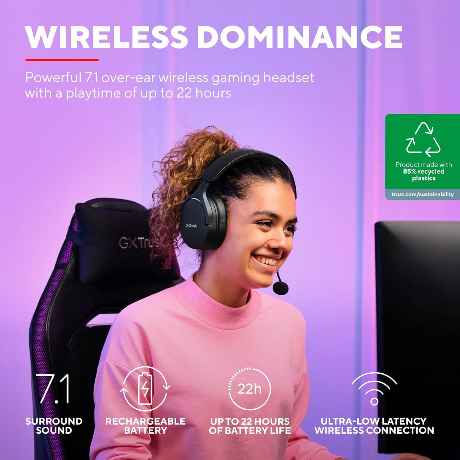 Trust Gaming GXT 491 Fayzo Gaming Headset Bluetooth + 2.4 Ghz, 7.1 Surround Sound, 22H Battery Life, 85% Recycled Plastic RGB Over-Ear Headphones Wireless Bluetooth PC PS5 PS4 Switch, Black - Black image number 2