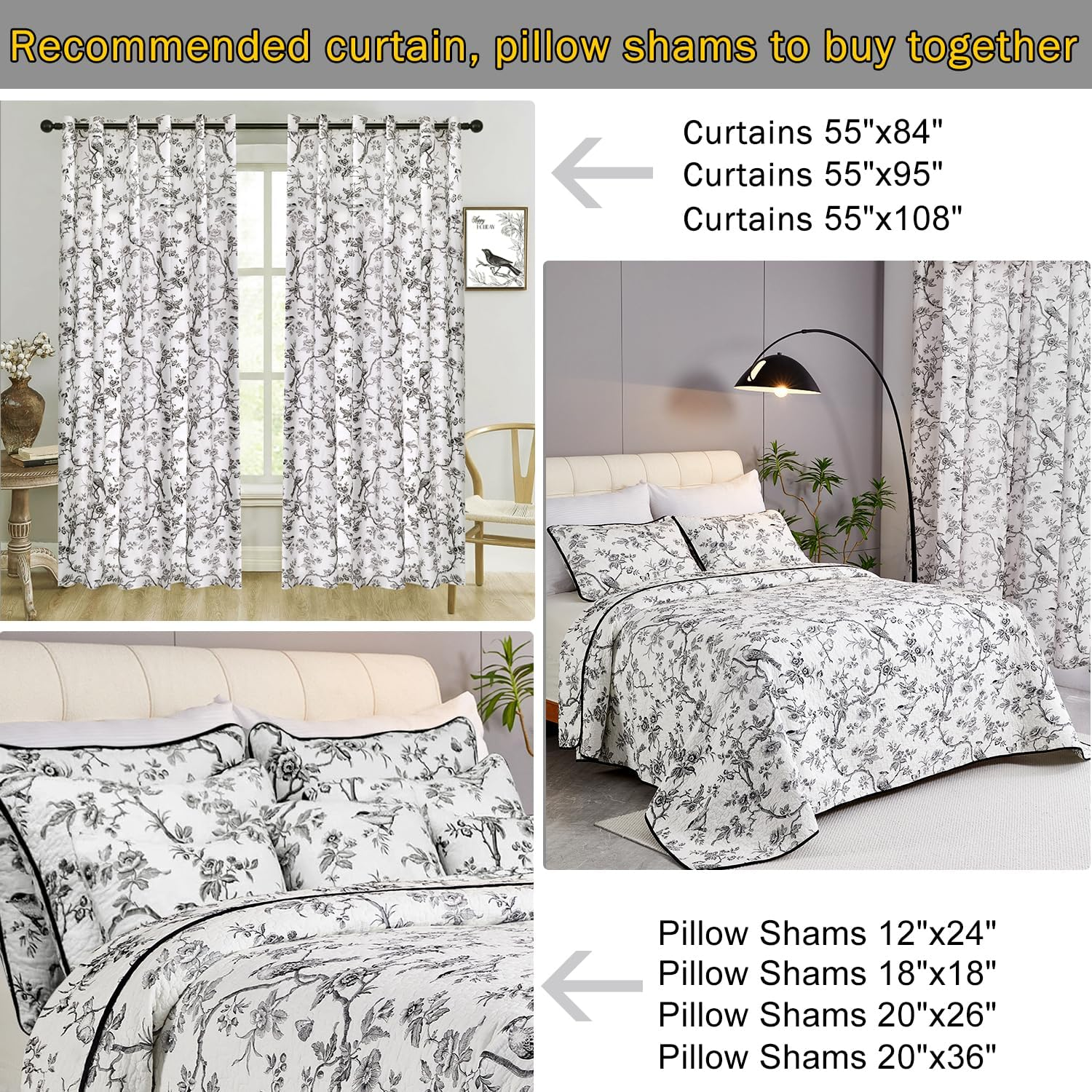 EVENHUG 100% Cotton Quilt King Size Black Bird Bedding Set Double Printing Lightweight Quilt Reversible Coverlet Bedspread with Pillow Shams All Seasons 3 Pieces (106"X96") image number 7