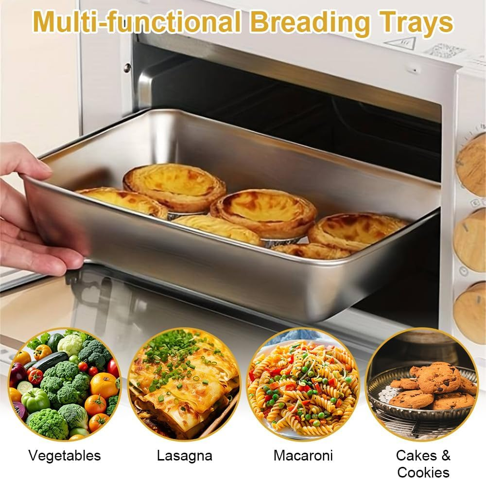 Baking Tray Set of 3, Stainless Steel Deep Baking Sheets Pans,25.5 X 19.5 X 5 Cm Non Stick Metal Baking Pans, Cooking Trays, Easy to Clean, Rectangle Cake Tin for Oven Baking, Cooking and Serving image number 3
